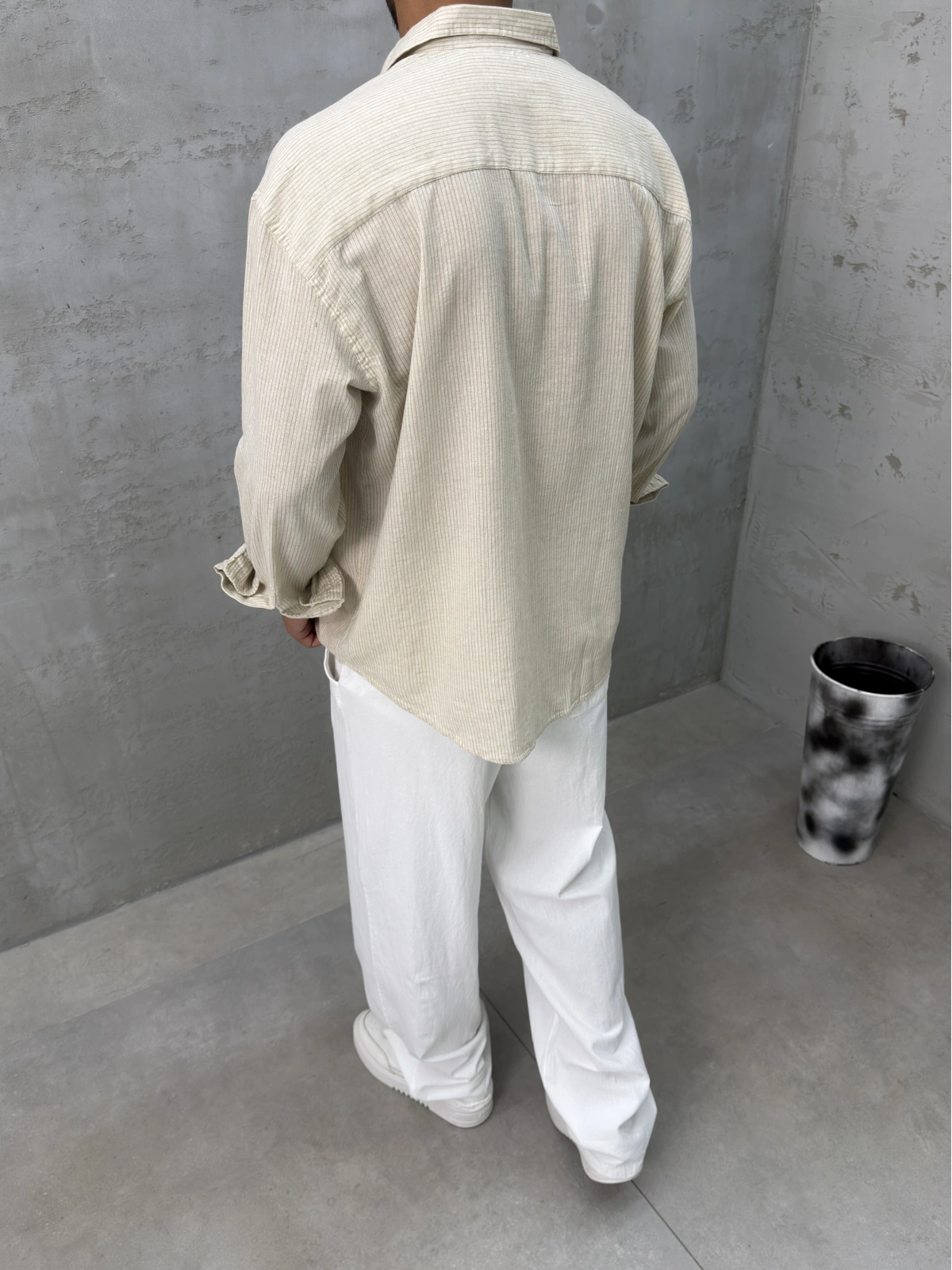 Krem Keten Oversize Nakış Gömlek