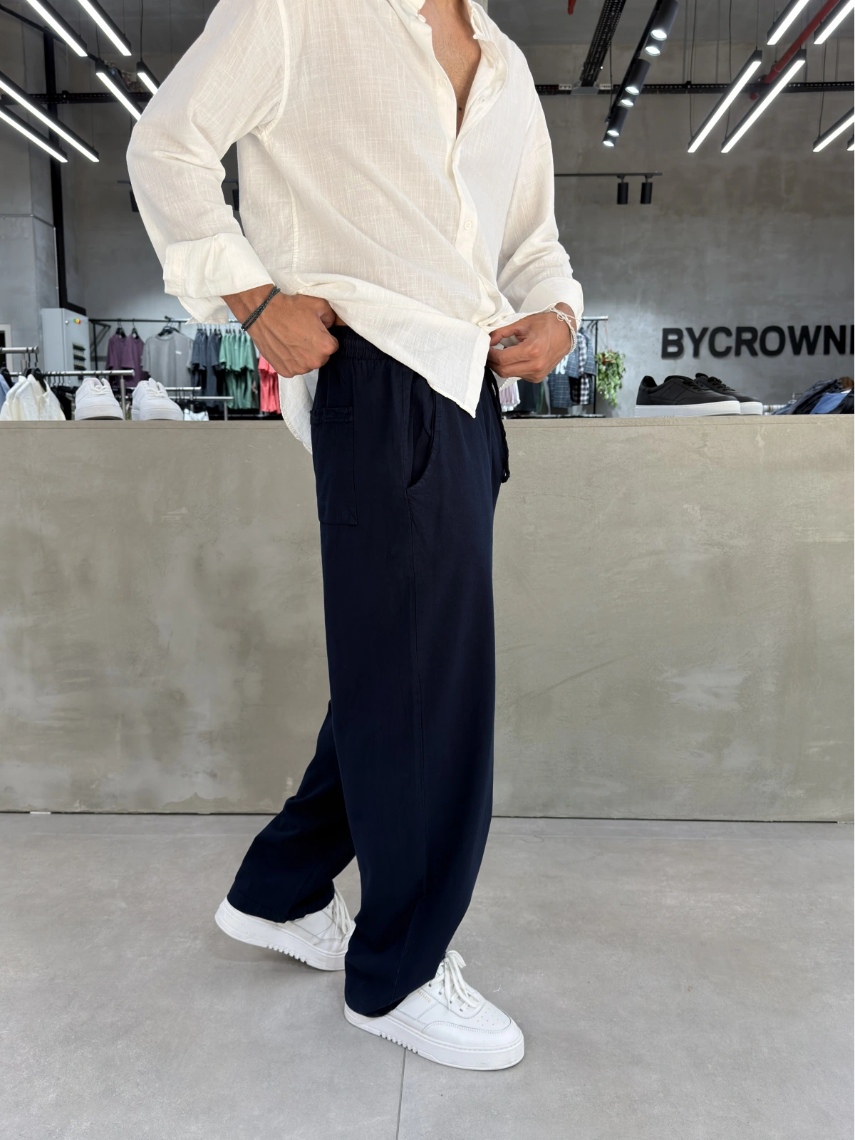 Lacivert Kırınkıl Keten Bol Kalıp Baggy