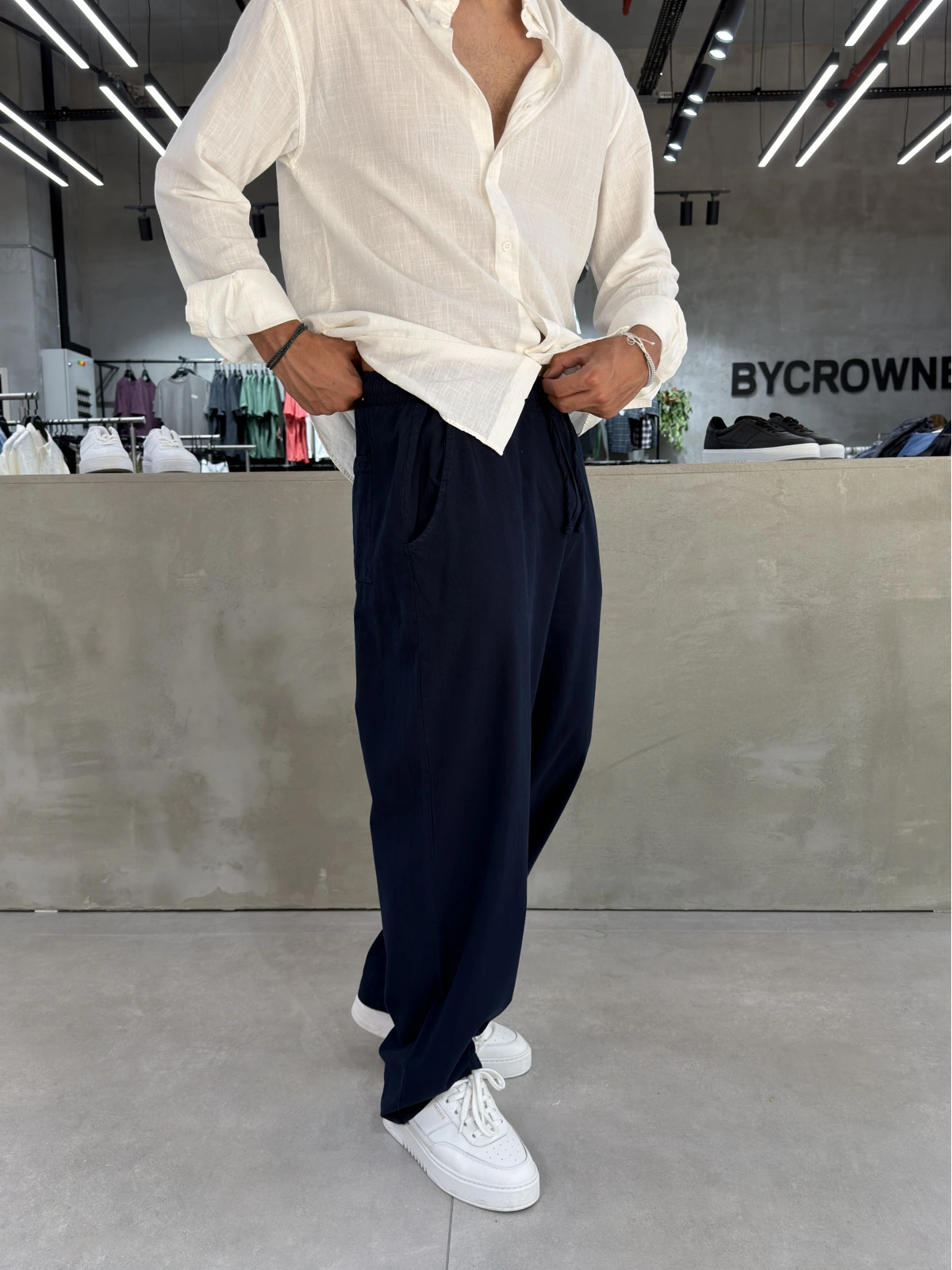Lacivert Kırınkıl Keten Bol Kalıp Baggy