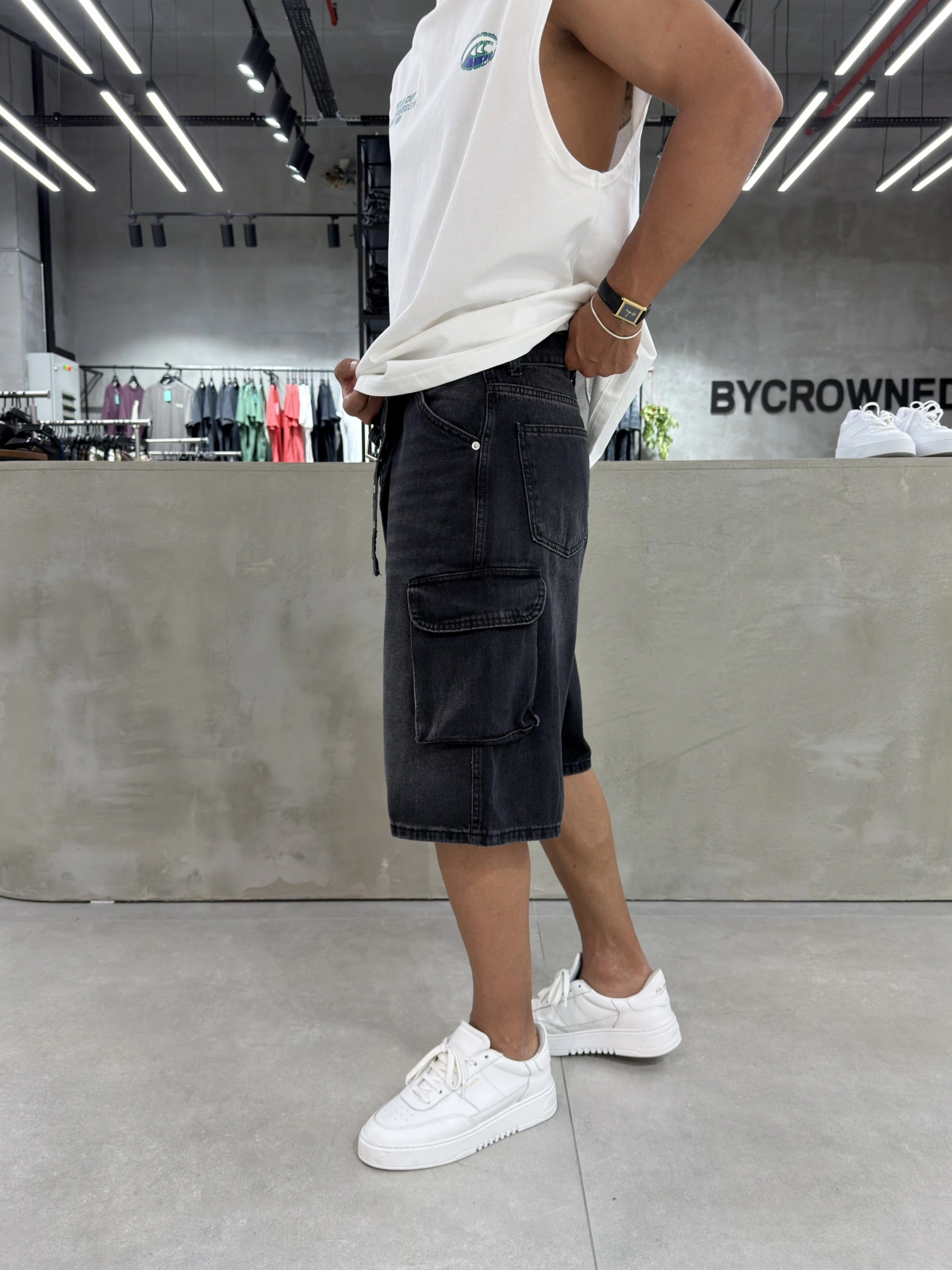 Siyah Yıkamalı Kargo Cep Baggy Şort