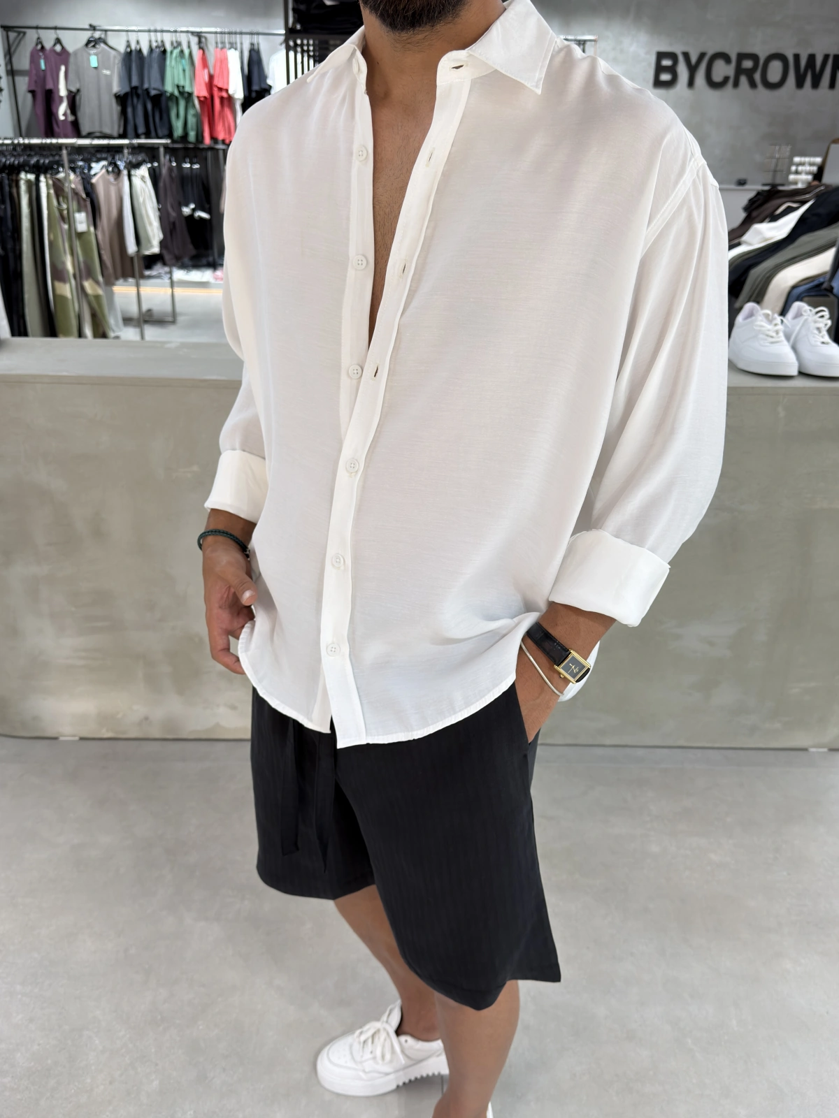 Beyaz Modal Oversize Gömlek