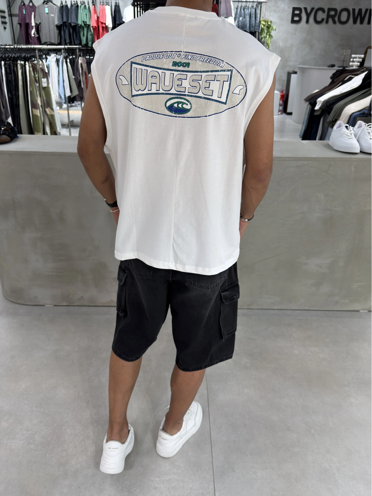 Beyaz Waveset Oversize Baskılı Atlet