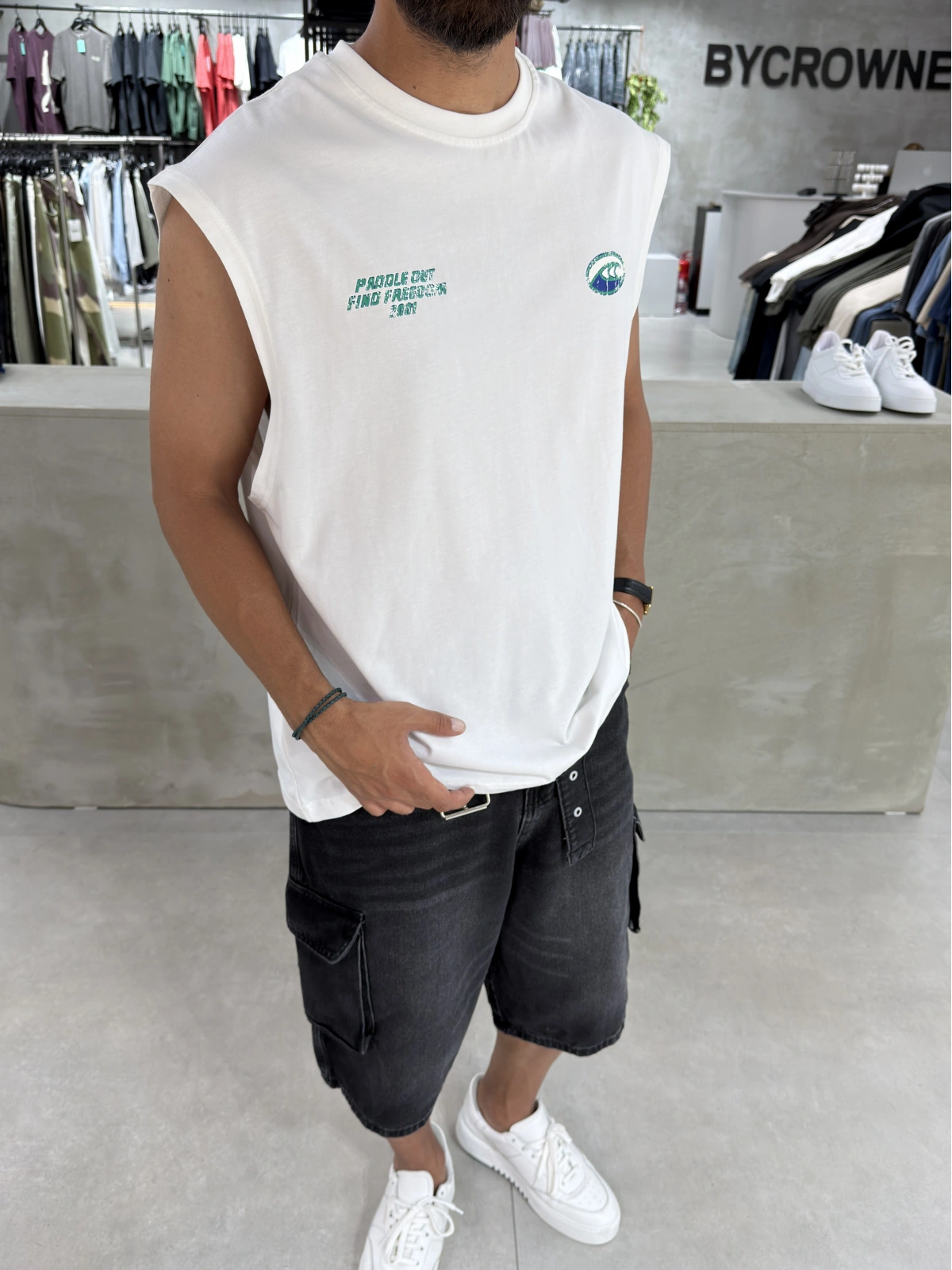 Beyaz Waveset Oversize Baskılı Atlet