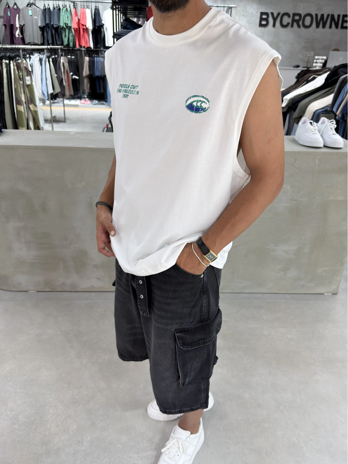 Beyaz Waveset Oversize Baskılı Atlet