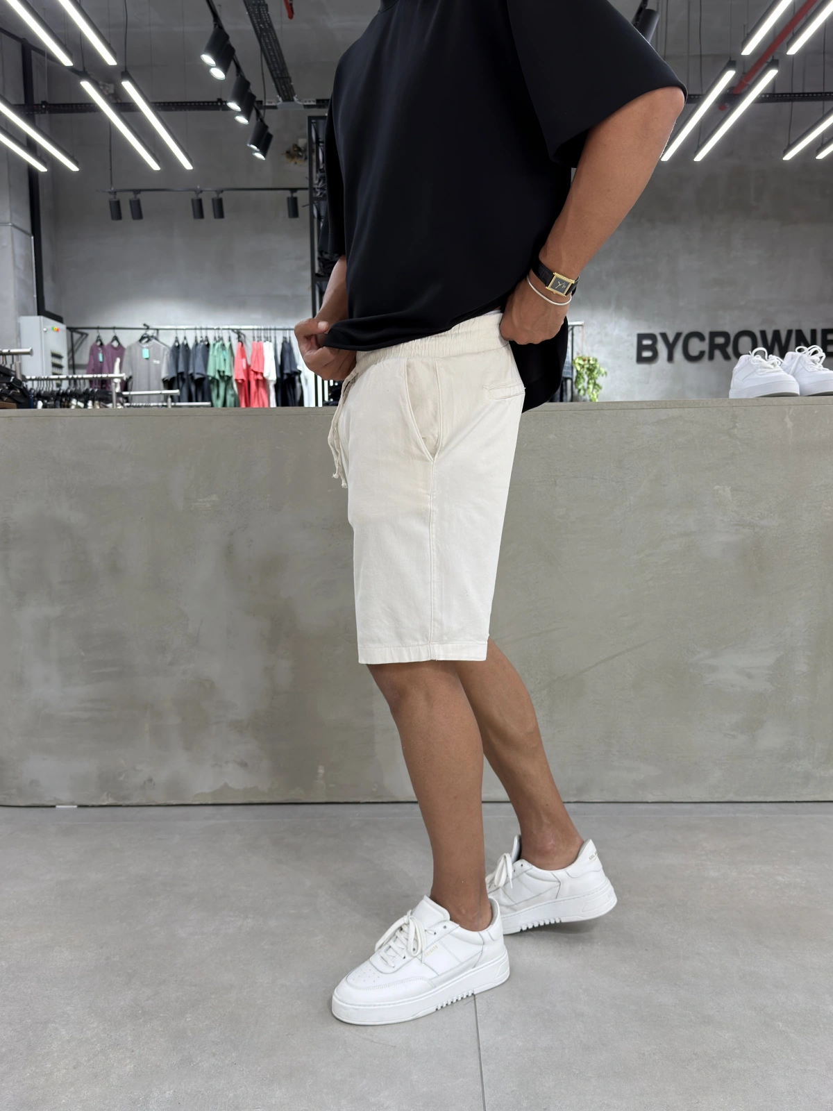 Krem Gabardin Basic Bol Kalıp Şort