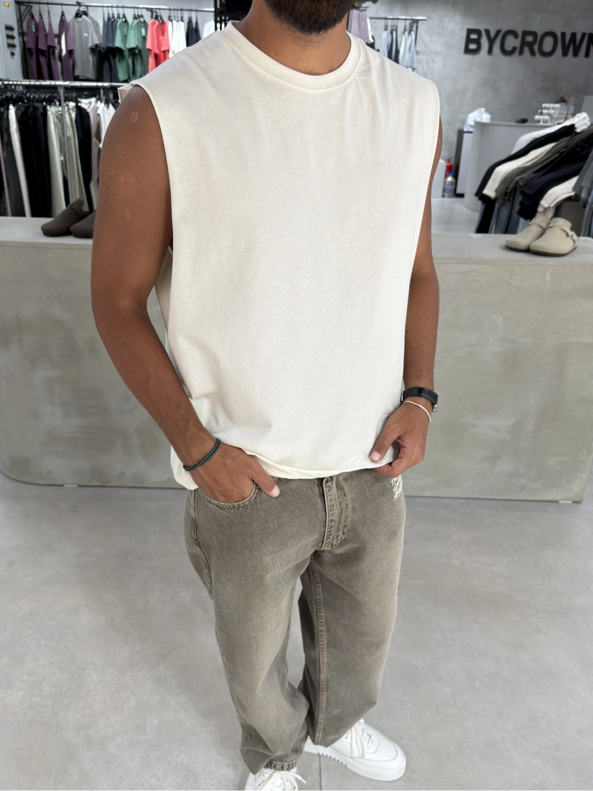 Krem 4 Baskılı Oversize Atlet