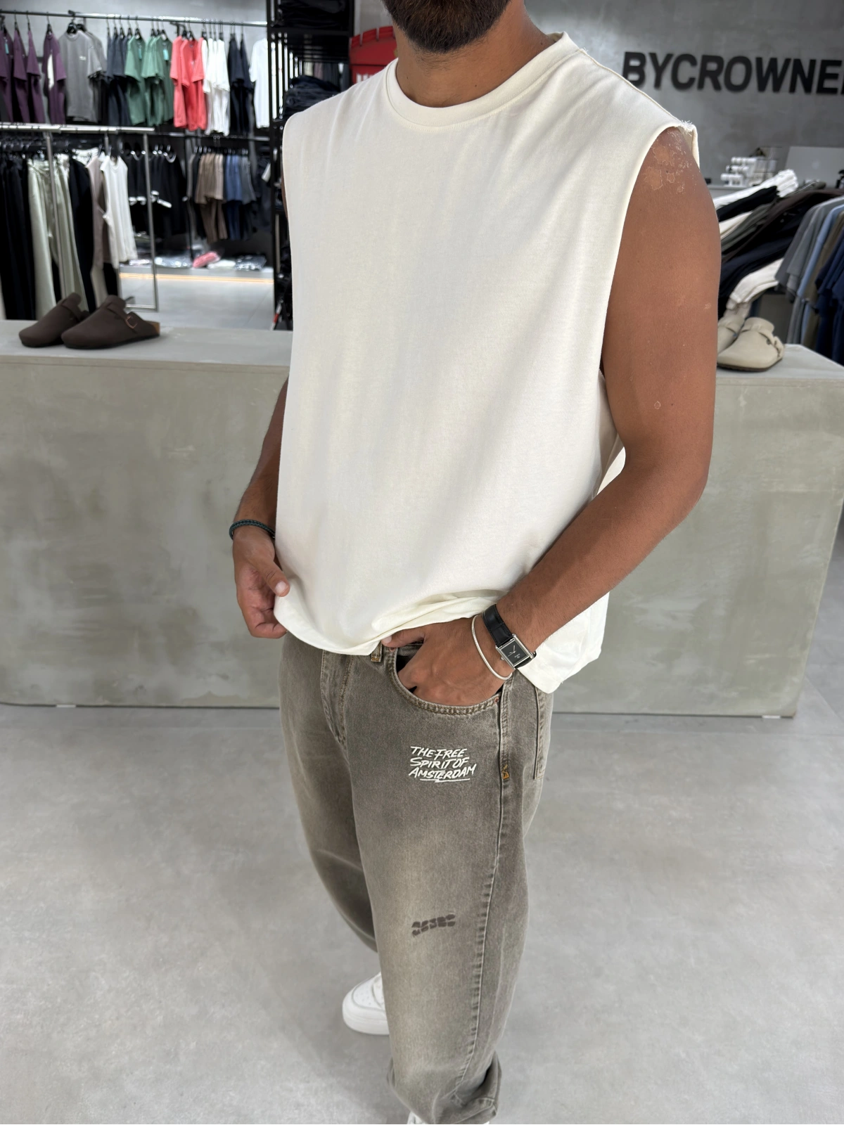 Krem 4 Baskılı Oversize Atlet