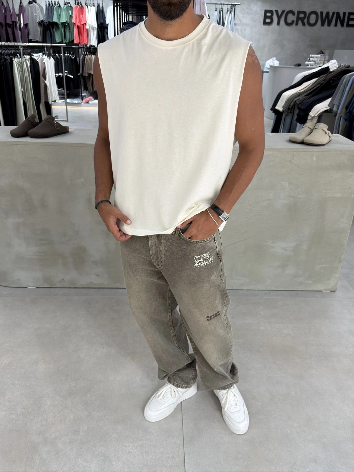 Krem 4 Baskılı Oversize Atlet
