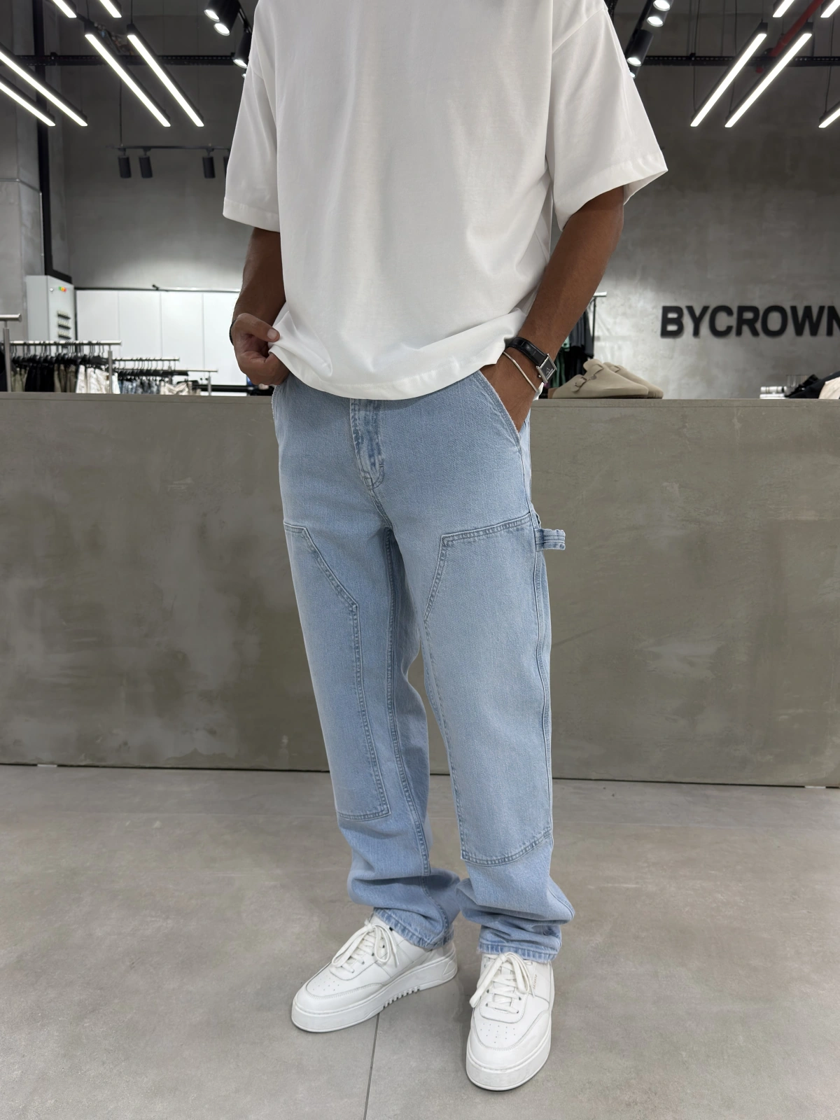Buz Mavi Dikiş Detay Baggy Jean