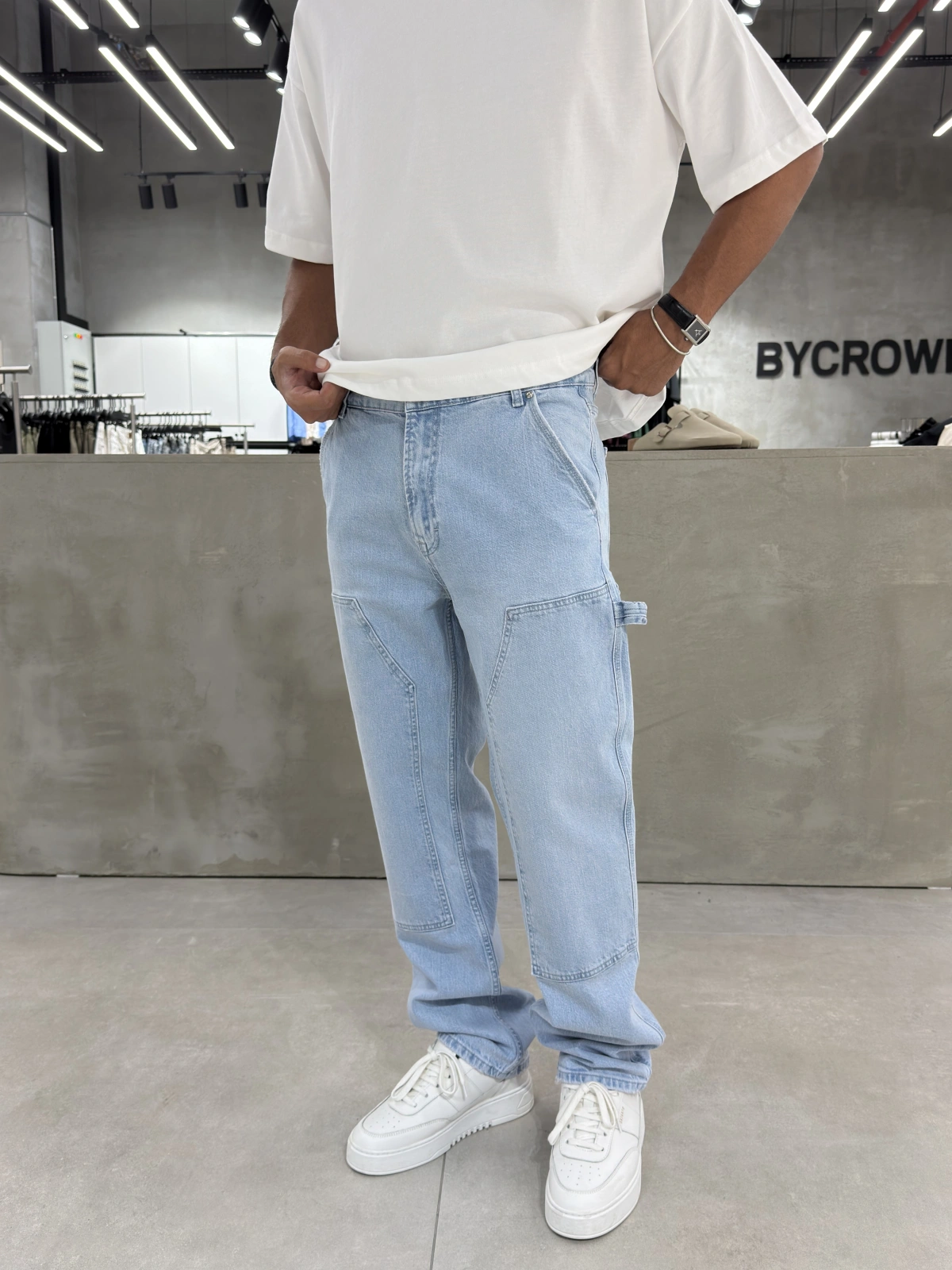 Buz Mavi Dikiş Detay Baggy Jean