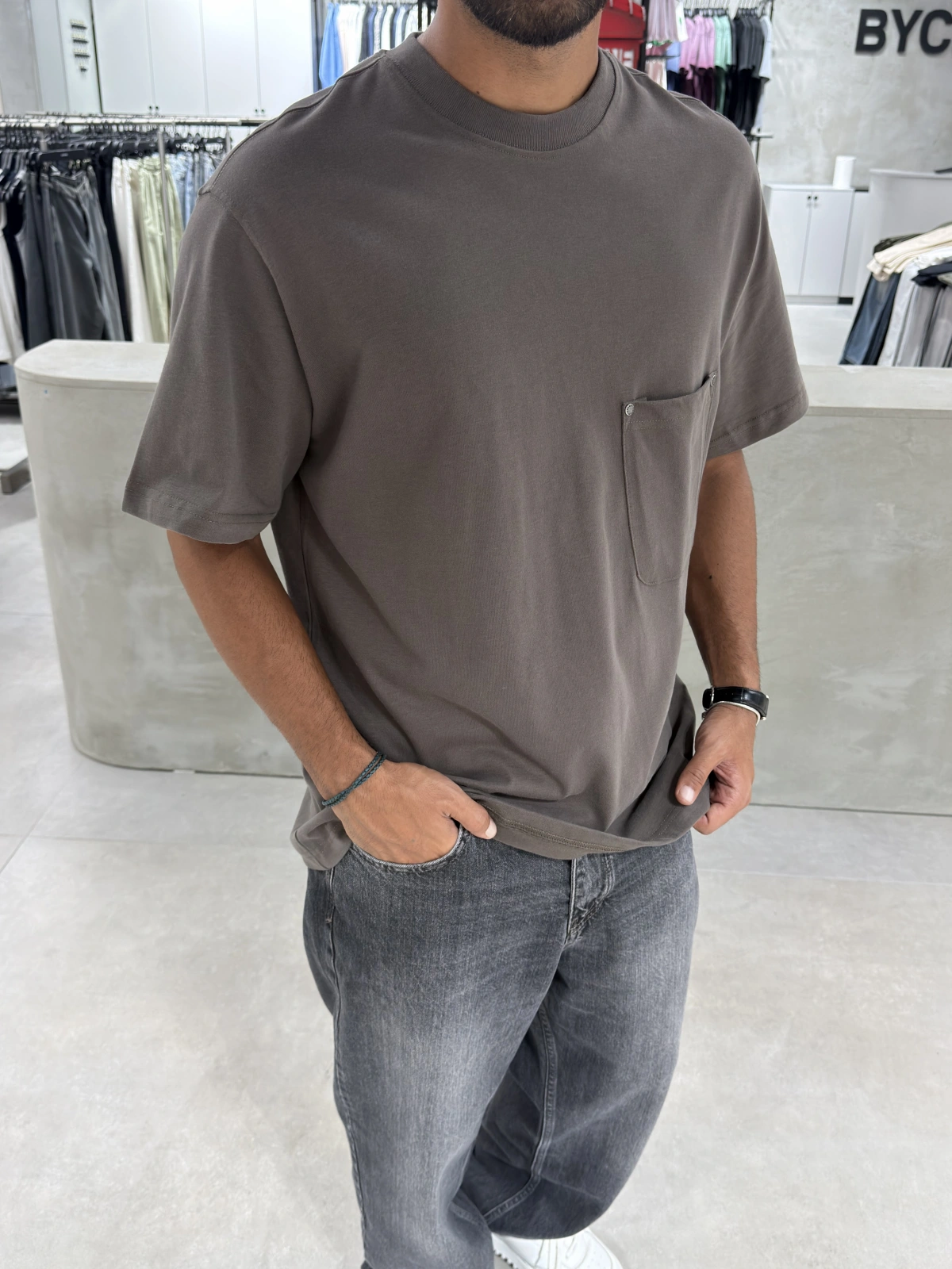 Kahve Cep Detay Oversize T-Shirt