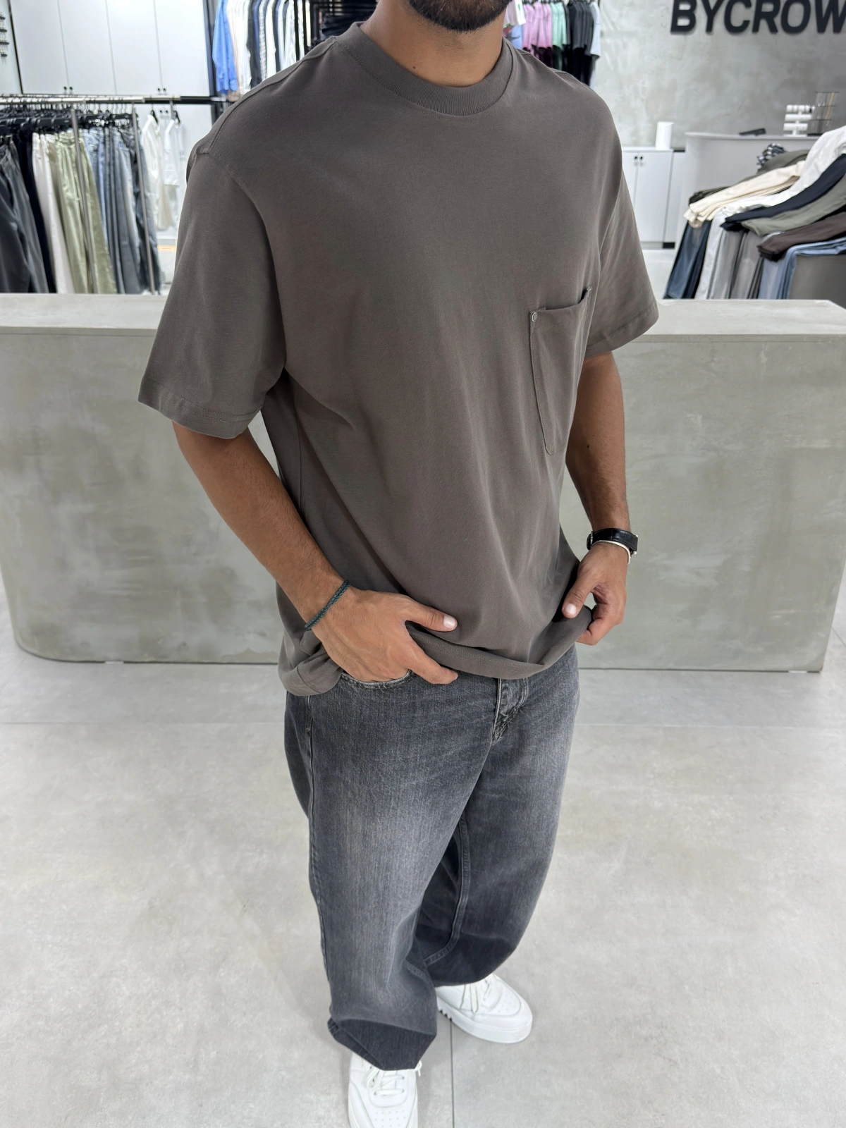 Kahve Cep Detay Oversize T-Shirt