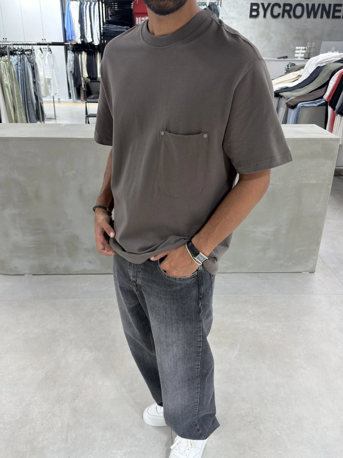 Kahve Cep Detay Oversize T-Shirt
