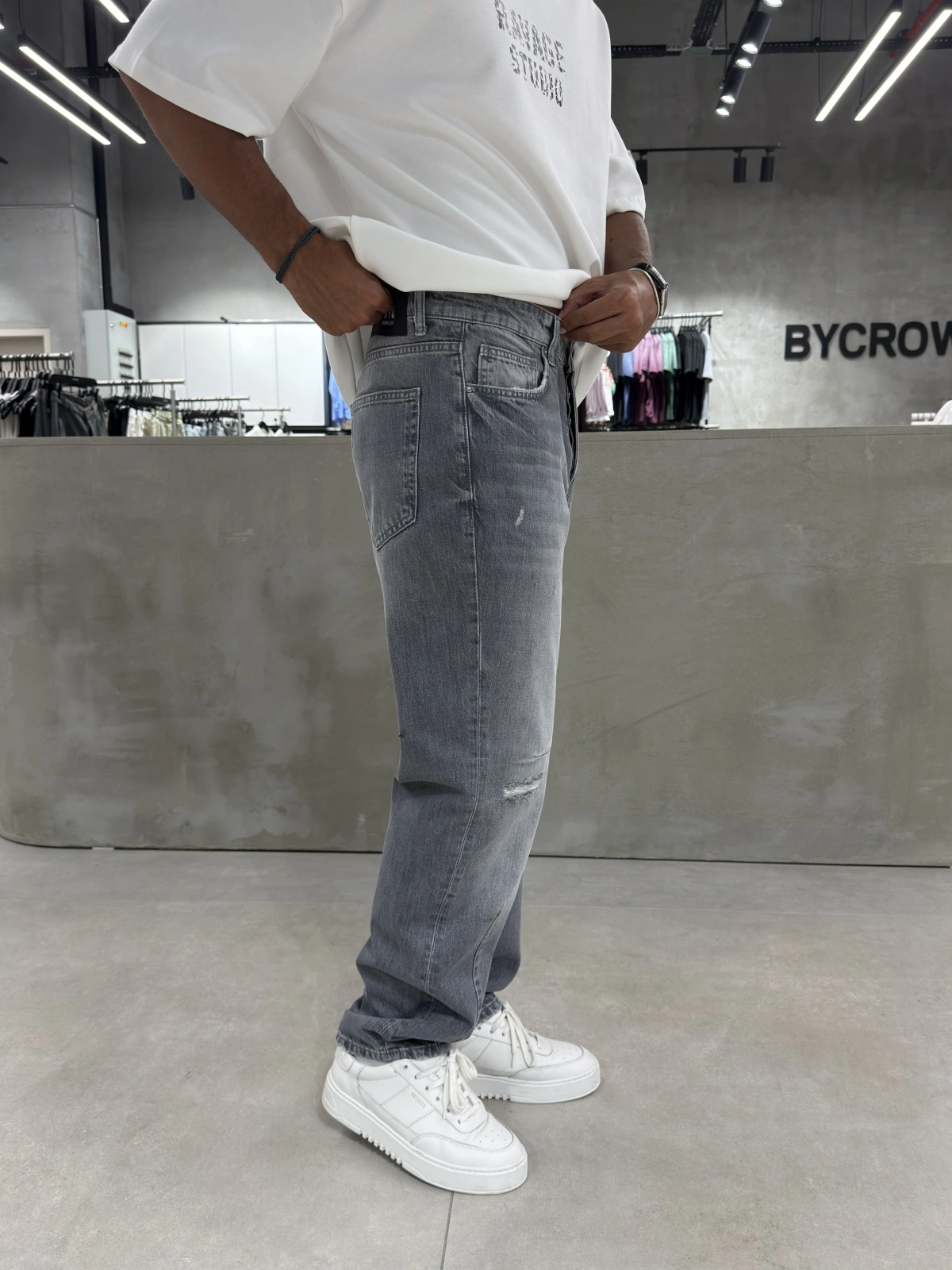 Gri Eskitme Yırtık Effect Baggy Jean