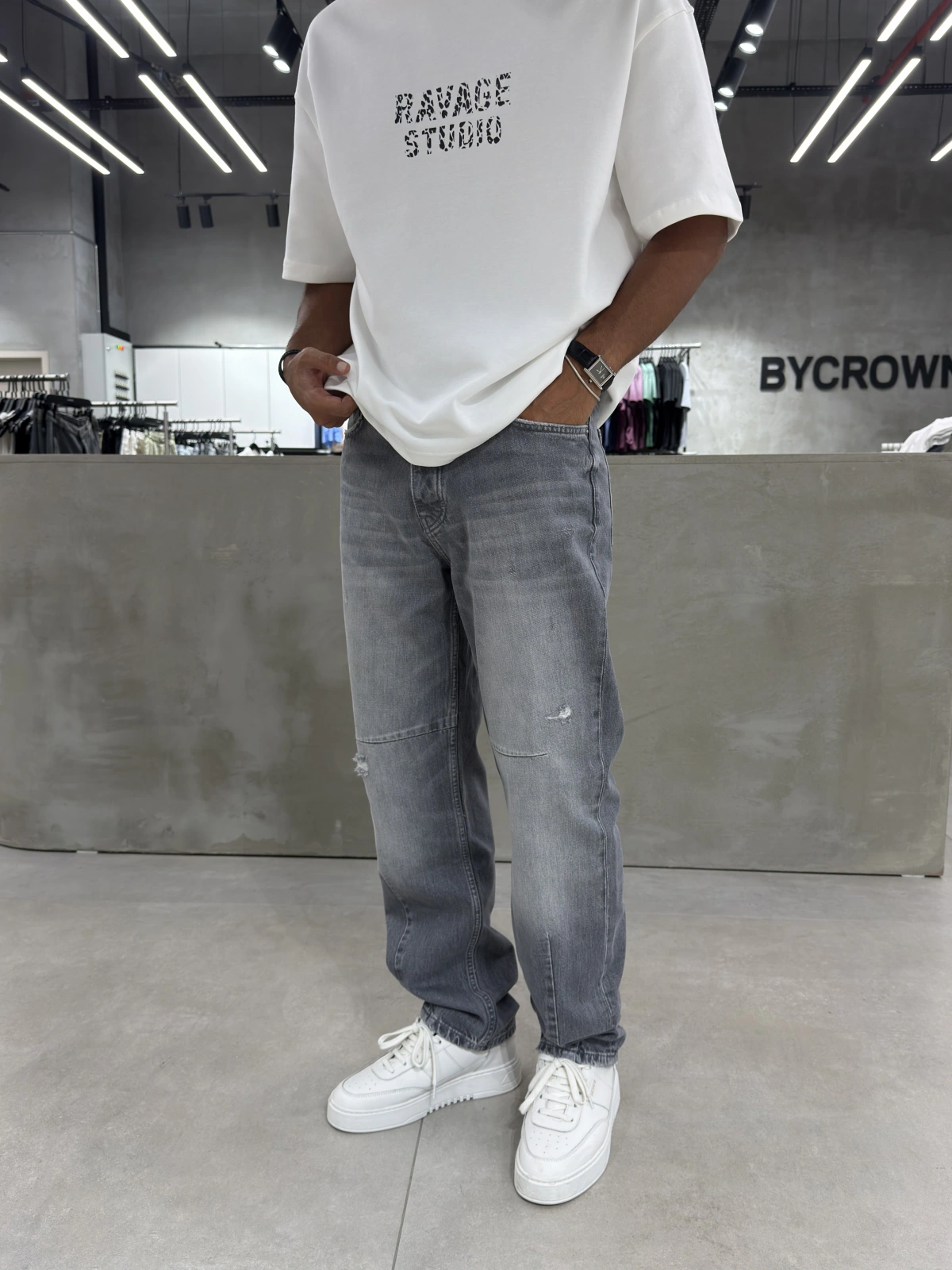 Gri Eskitme Yırtık Effect Baggy Jean