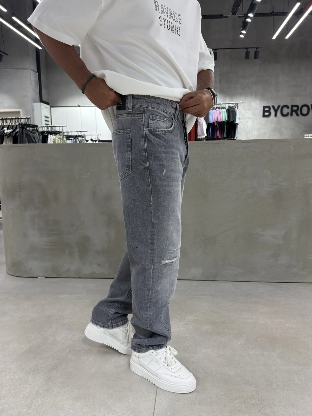 Gri Eskitme Yırtık Effect Baggy Jean