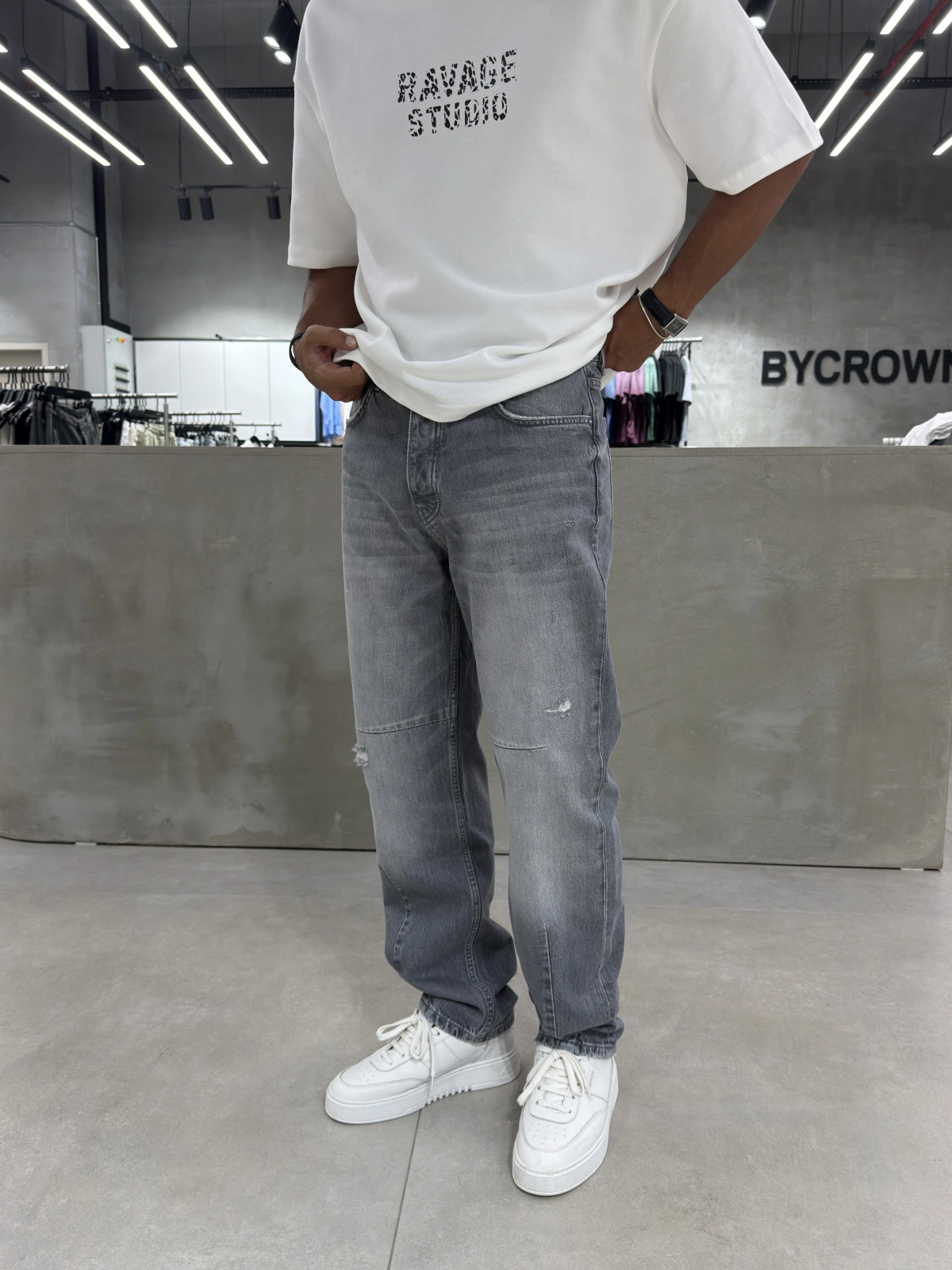 Gri Eskitme Yırtık Effect Baggy Jean