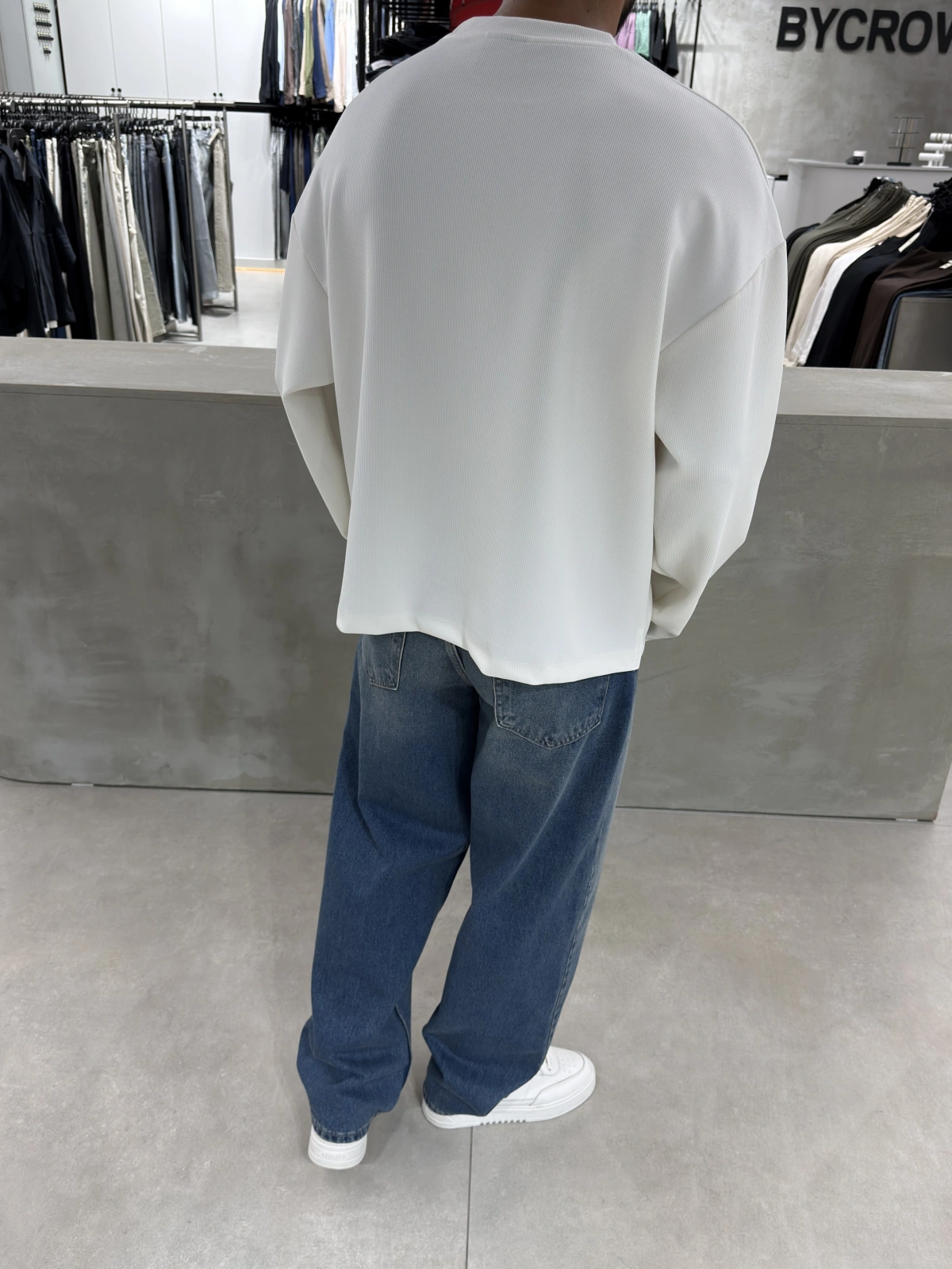 Beyaz Basic Fitilli Oversize Sweat