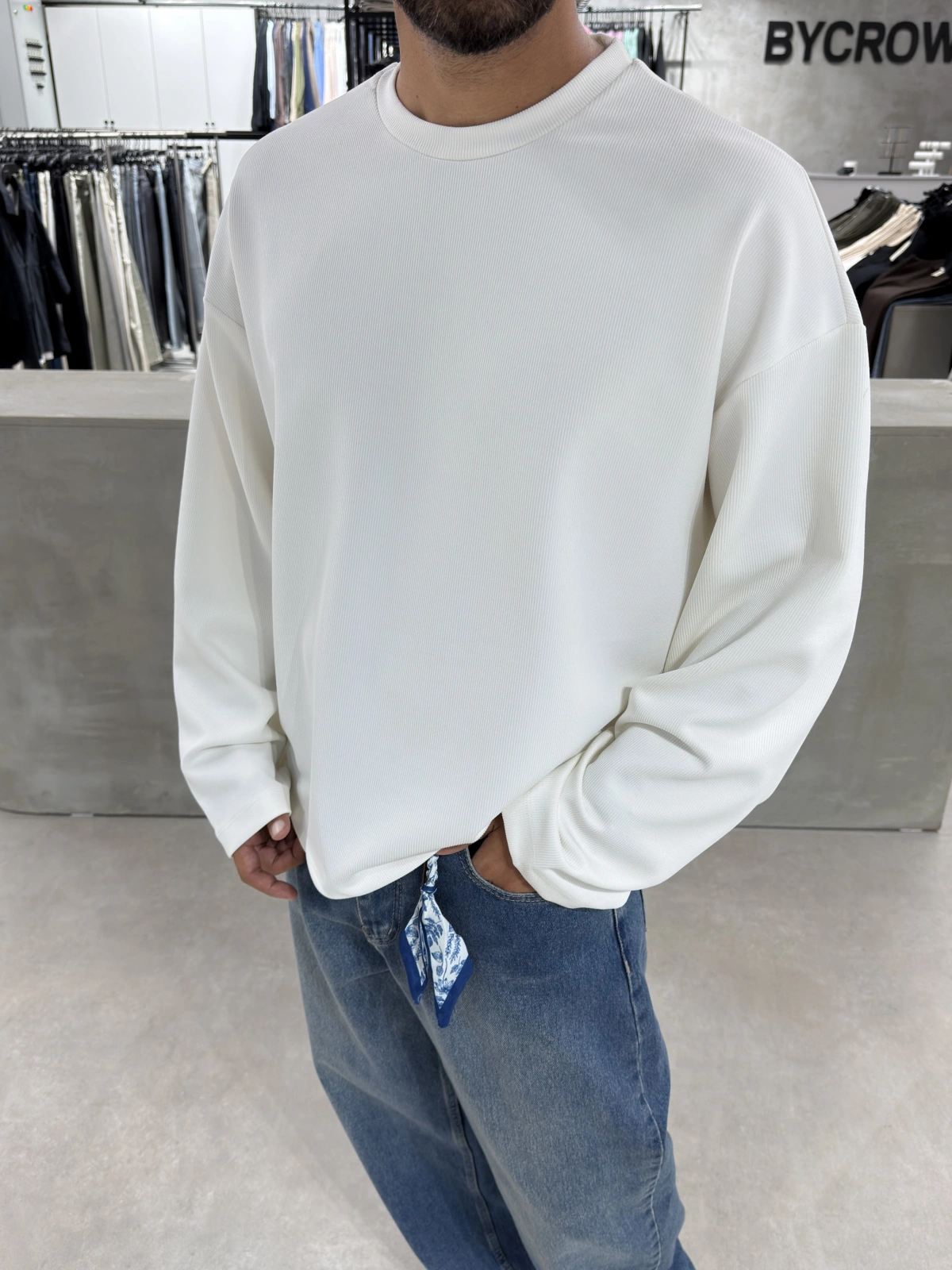 Beyaz Basic Fitilli Oversize Sweat