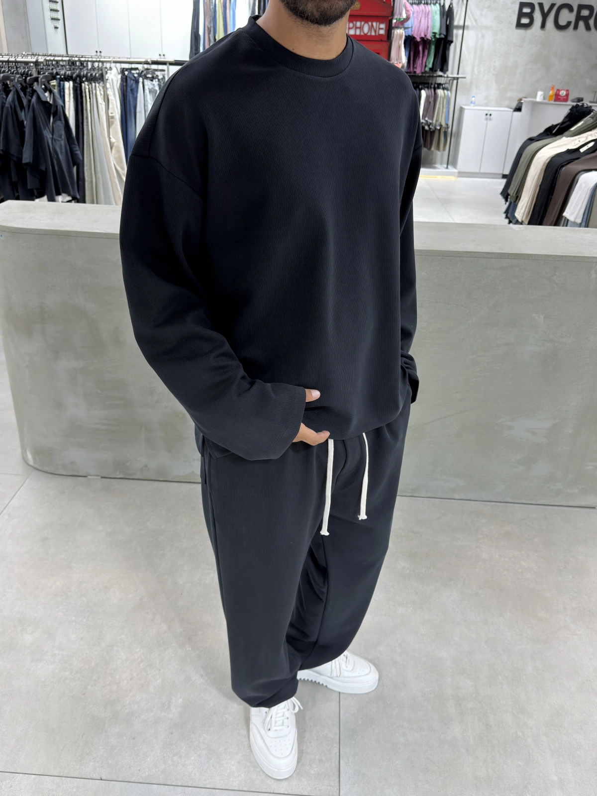 Siyah Premium Fitilli Oversize Eşofman Takım