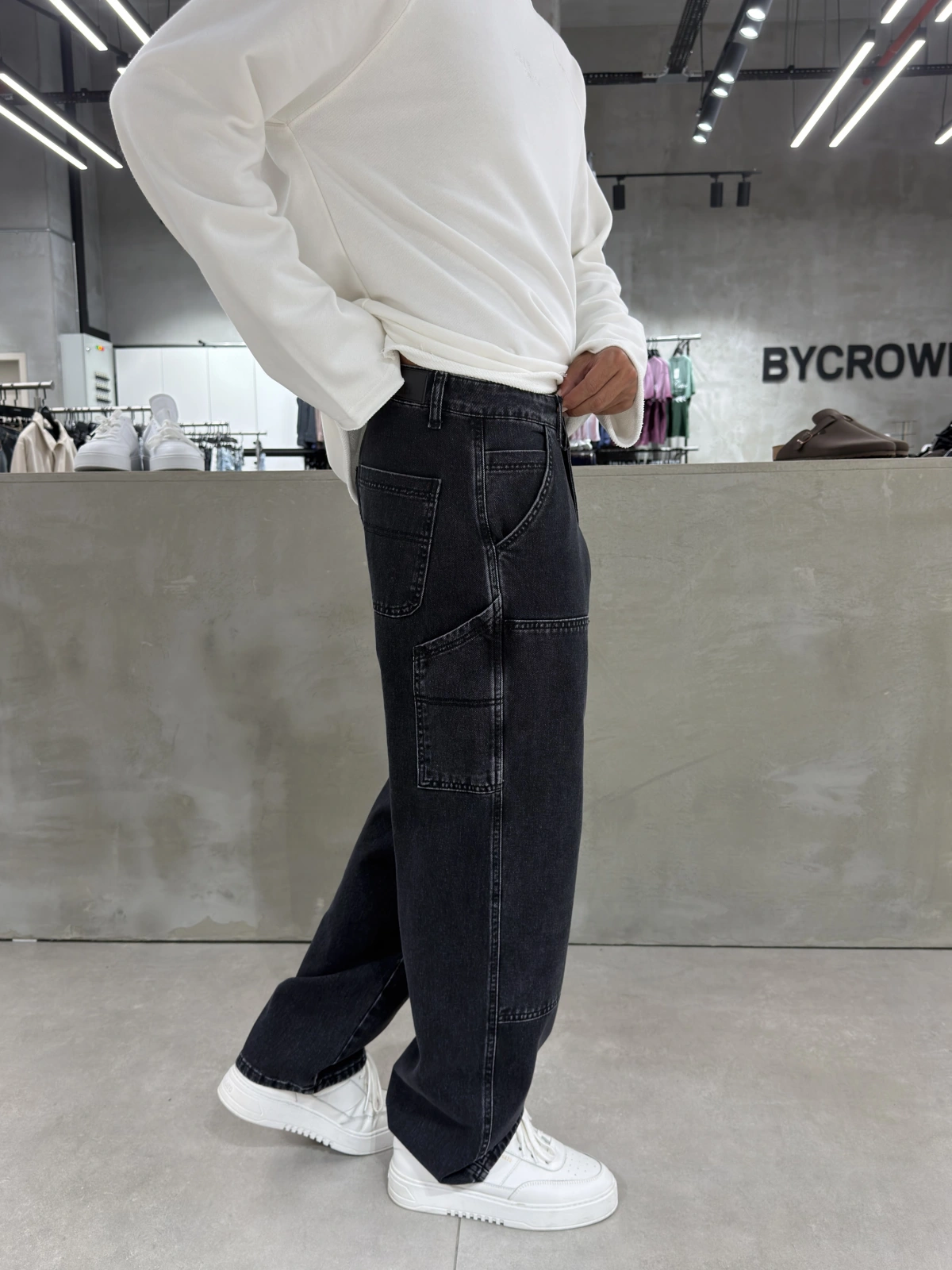 Antrasit Eskitme Dikiş Detay Baggy Jean