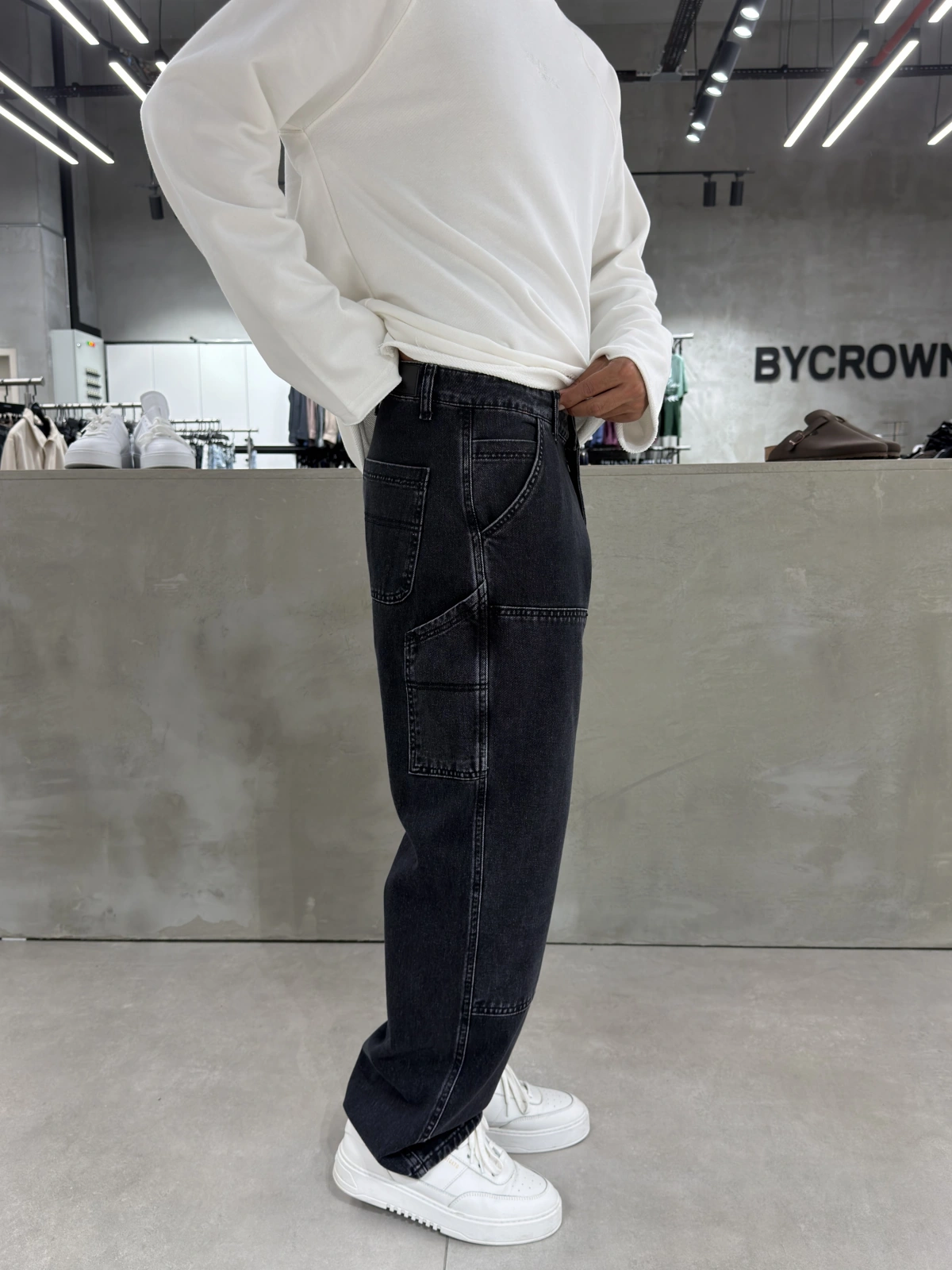 Antrasit Eskitme Dikiş Detay Baggy Jean