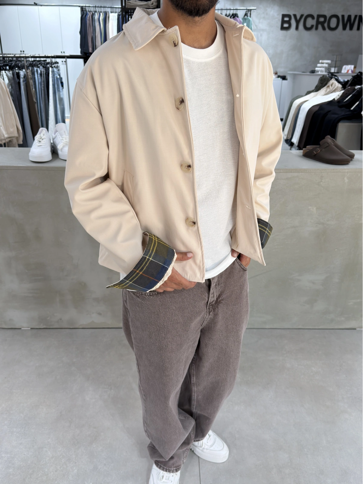 Krem Ekose Detaylı Oversize Trençkot