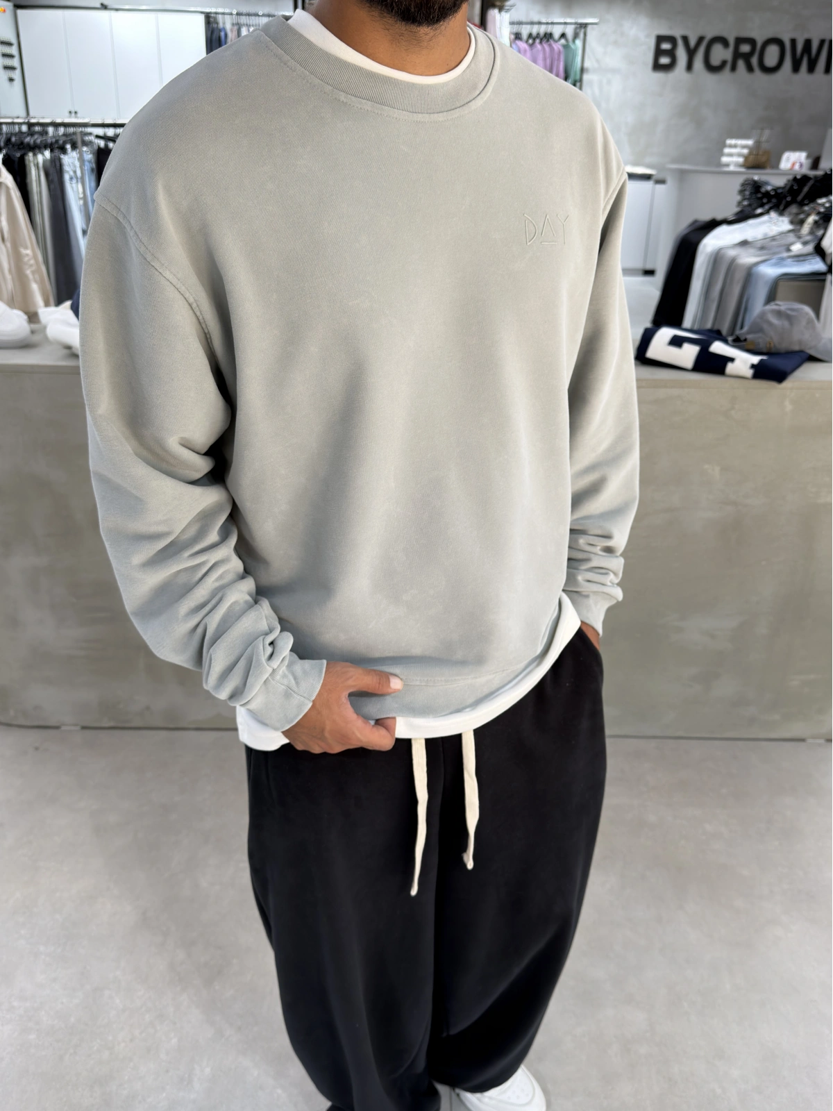 Day Gri Yıkamalı Oversize Bisiklet Yaka Sweat