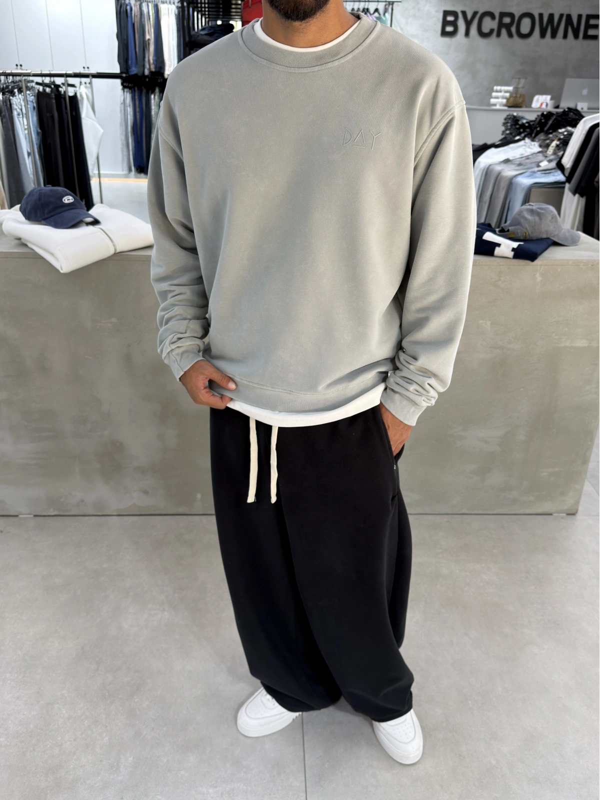 Day Gri Yıkamalı Oversize Bisiklet Yaka Sweat