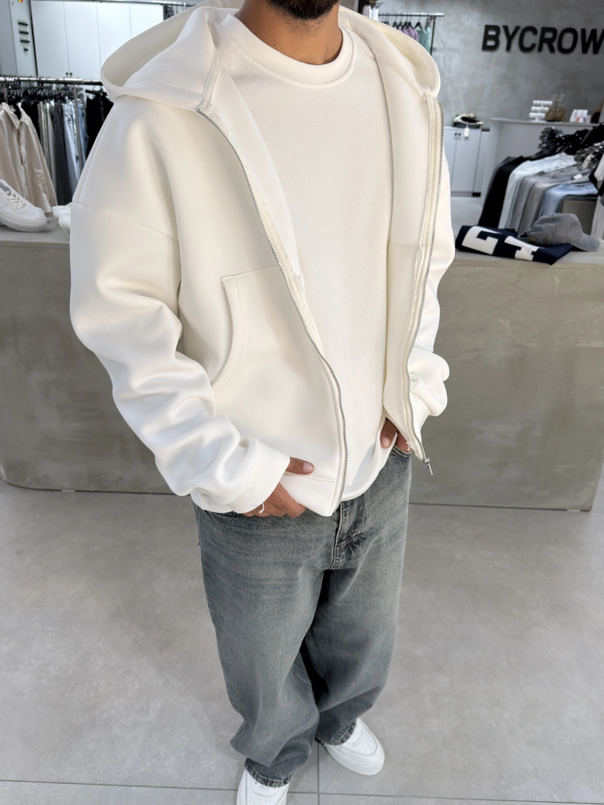 Beyaz Panda Oversize Basic Hırka