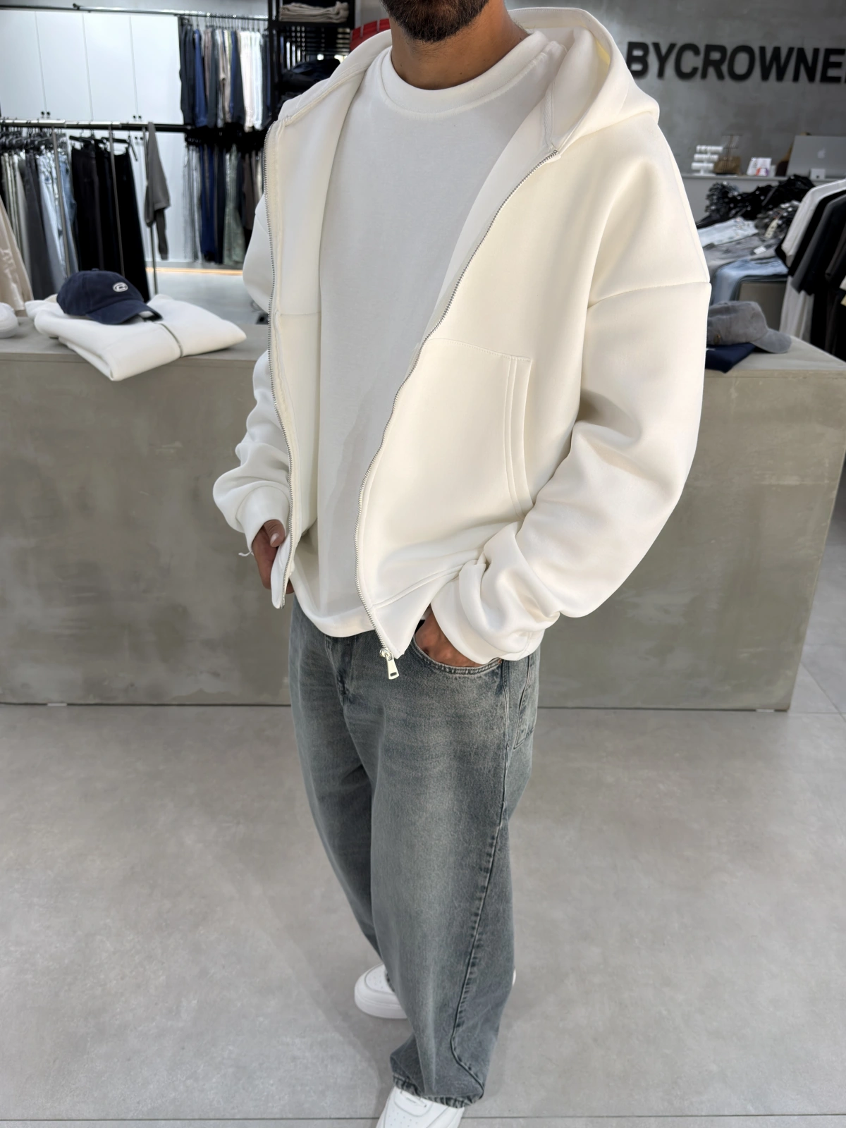 Beyaz Panda Oversize Basic Hırka