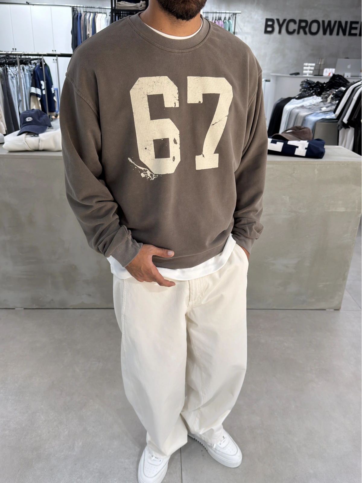 Kahve Yıkamalı 67 Baskılı Sweat