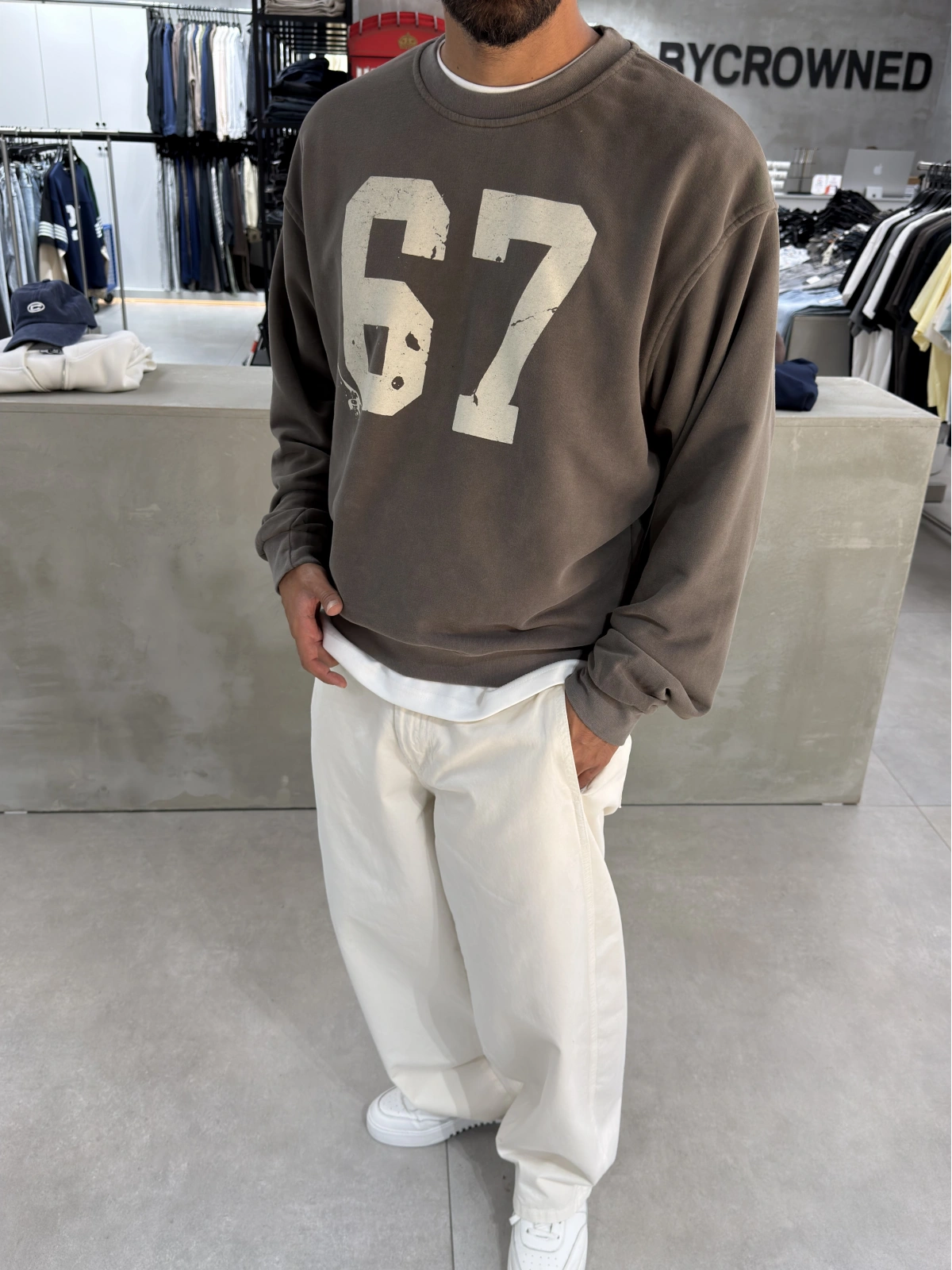 Kahve Yıkamalı 67 Baskılı Sweat
