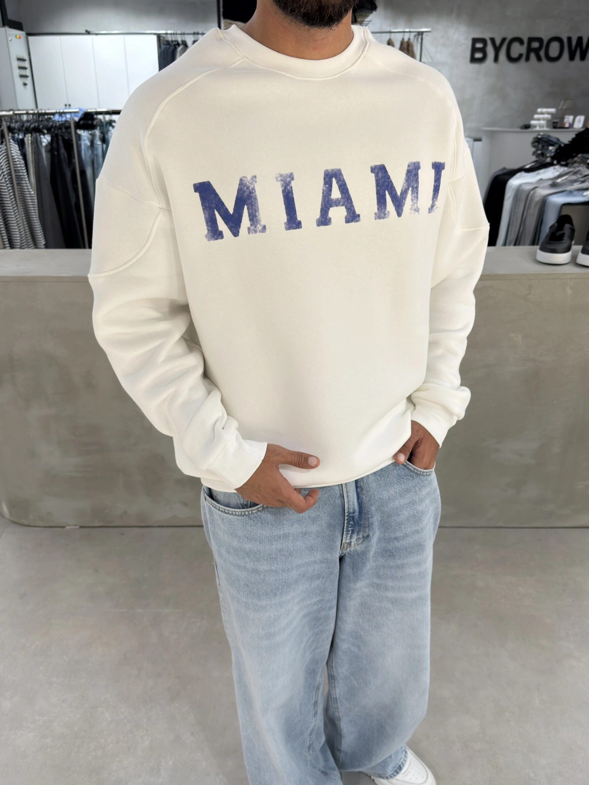 Beyaz Miami Yıkamalı Oversize Sweat