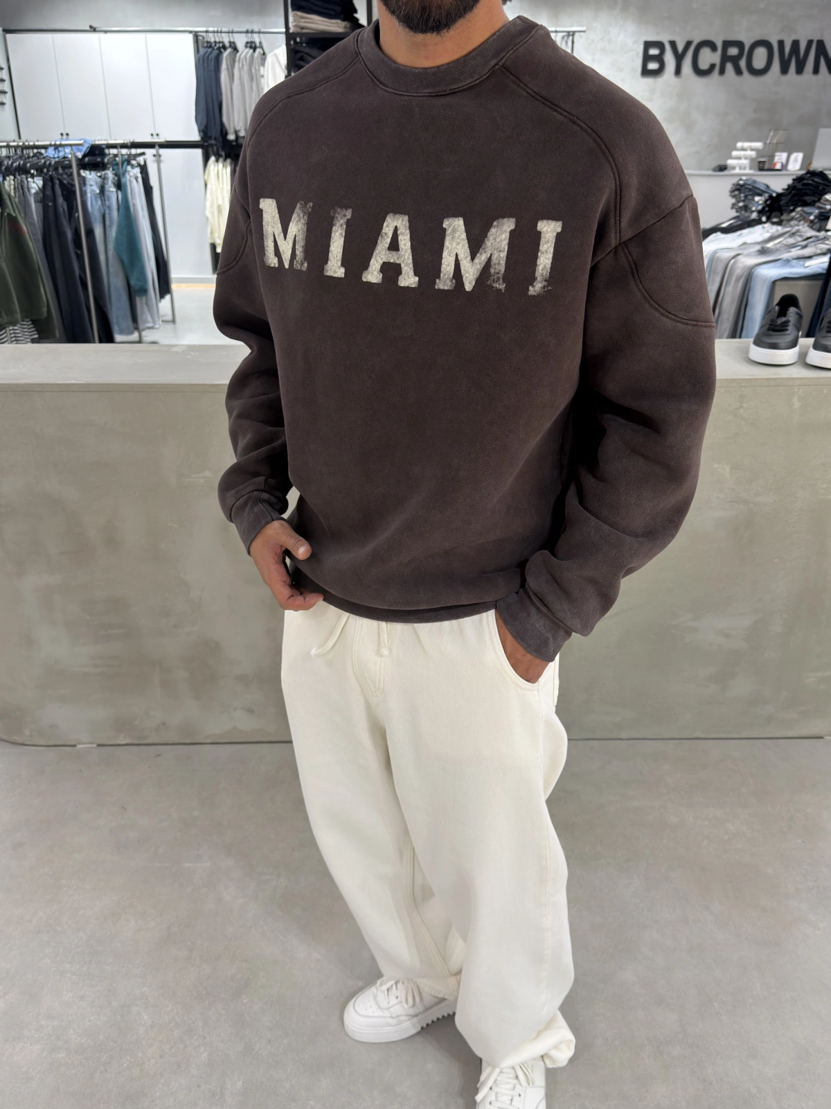 Kahve Miami Yıkamalı Oversize Sweat