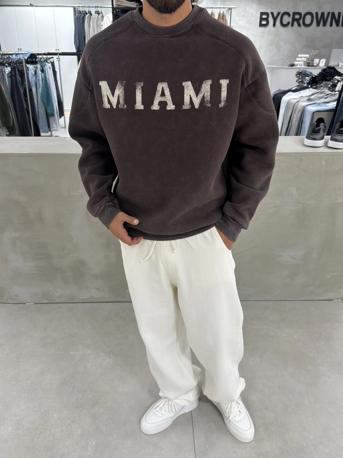Kahve Miami Yıkamalı Oversize Sweat