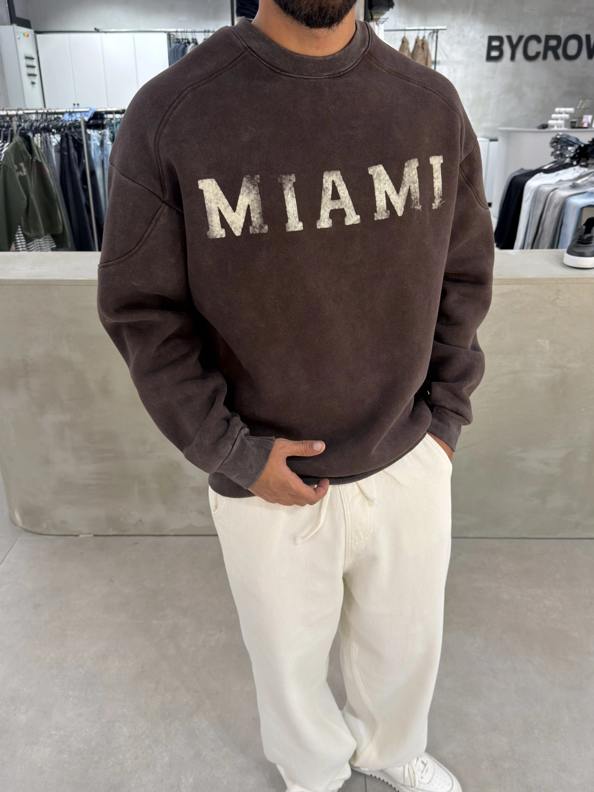 Kahve Miami Yıkamalı Oversize Sweat