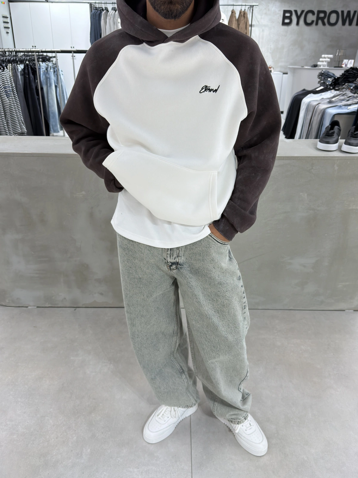 Kahve Yıkamalı Blok Oversize Sweat