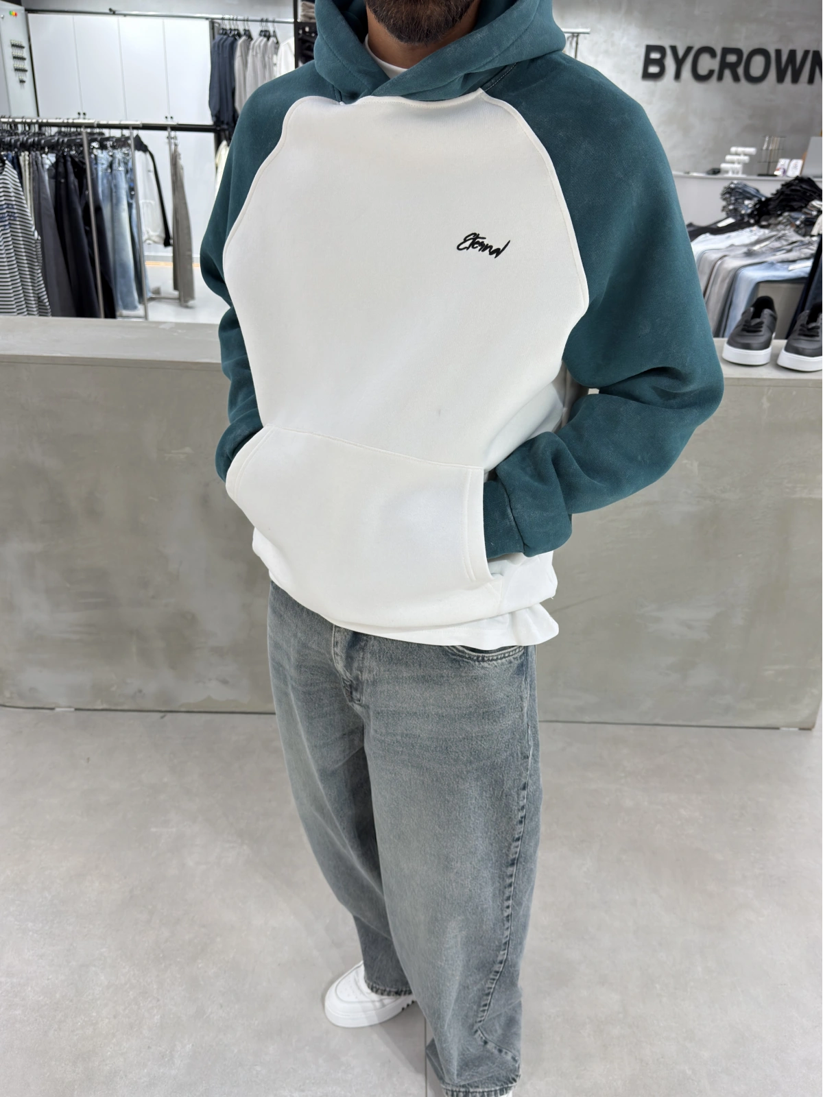 Yeşil Yıkamalı Blok Oversize Sweat