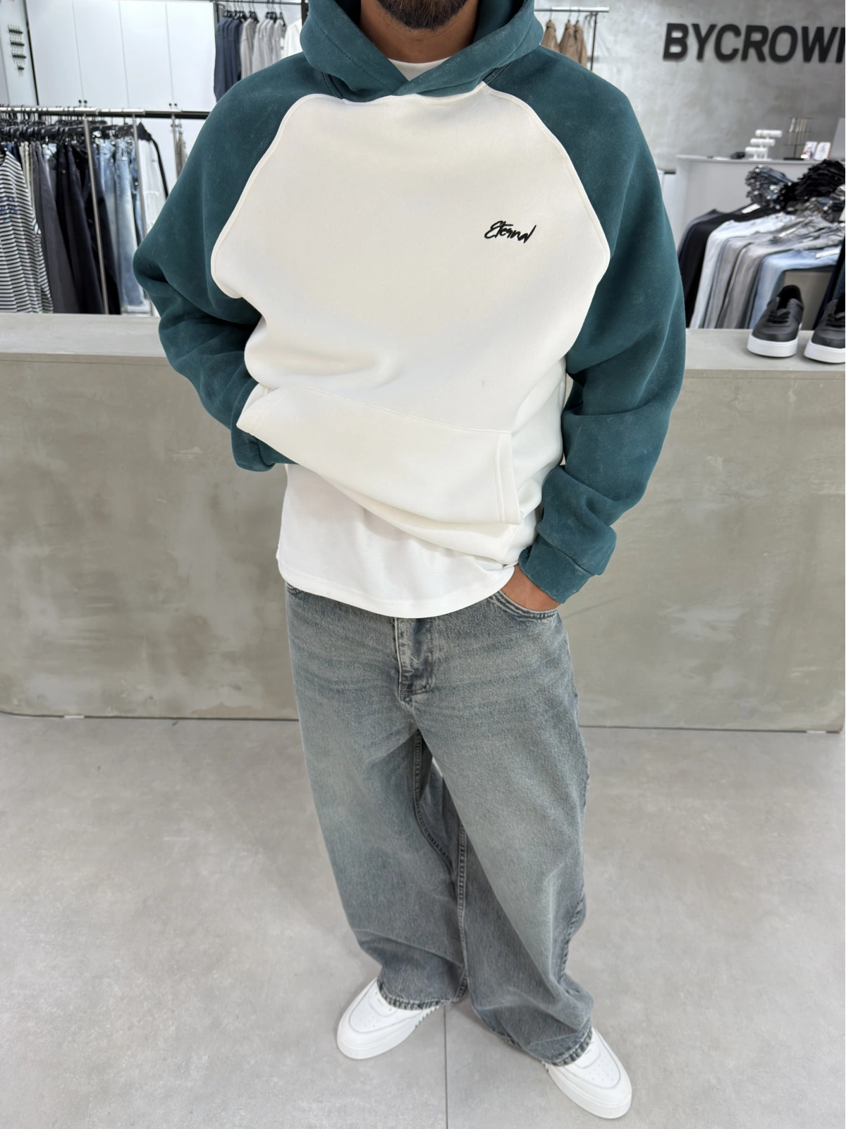 Yeşil Yıkamalı Blok Oversize Sweat