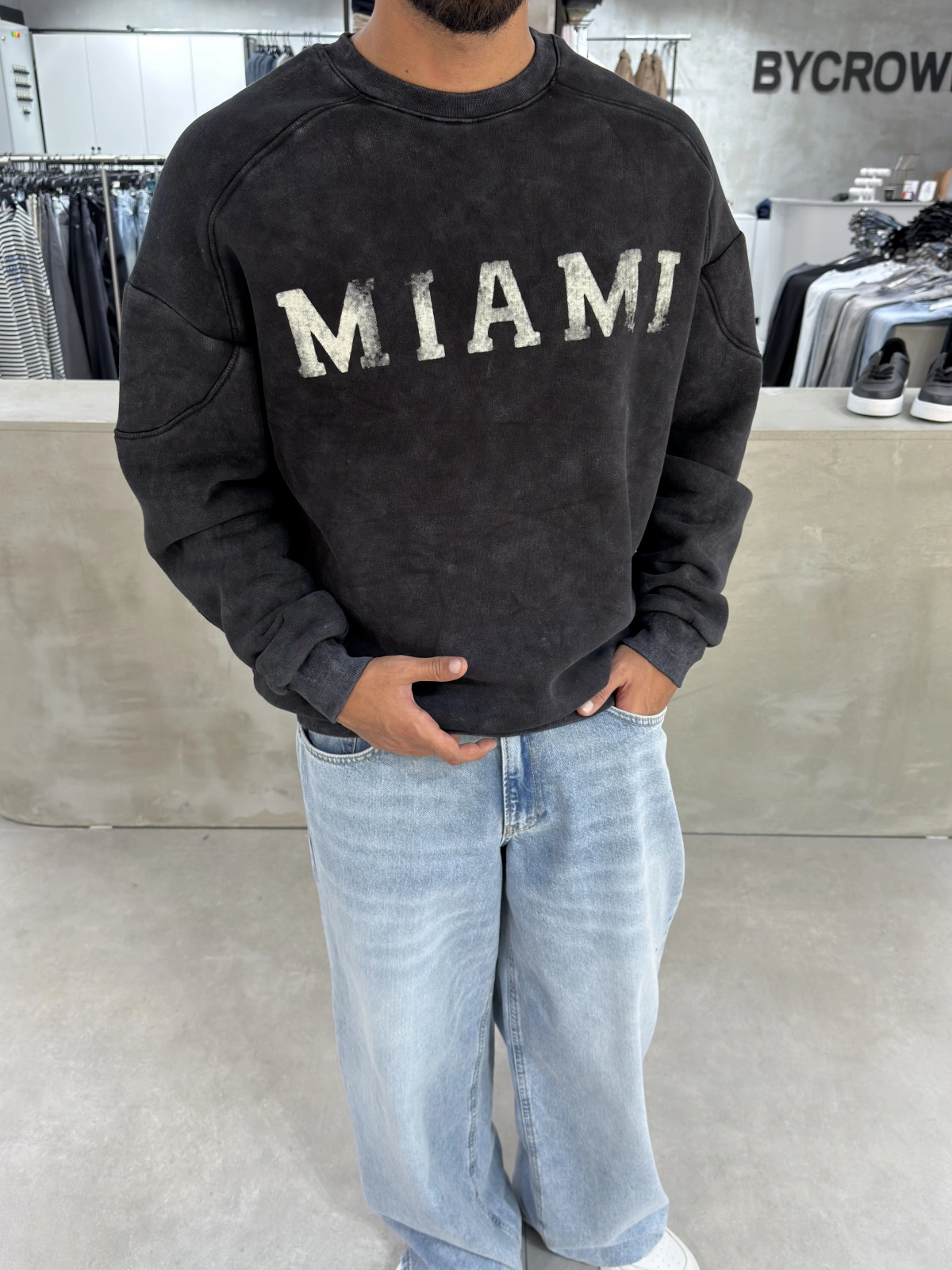 Siyah Miami Yıkamalı Oversize Sweat