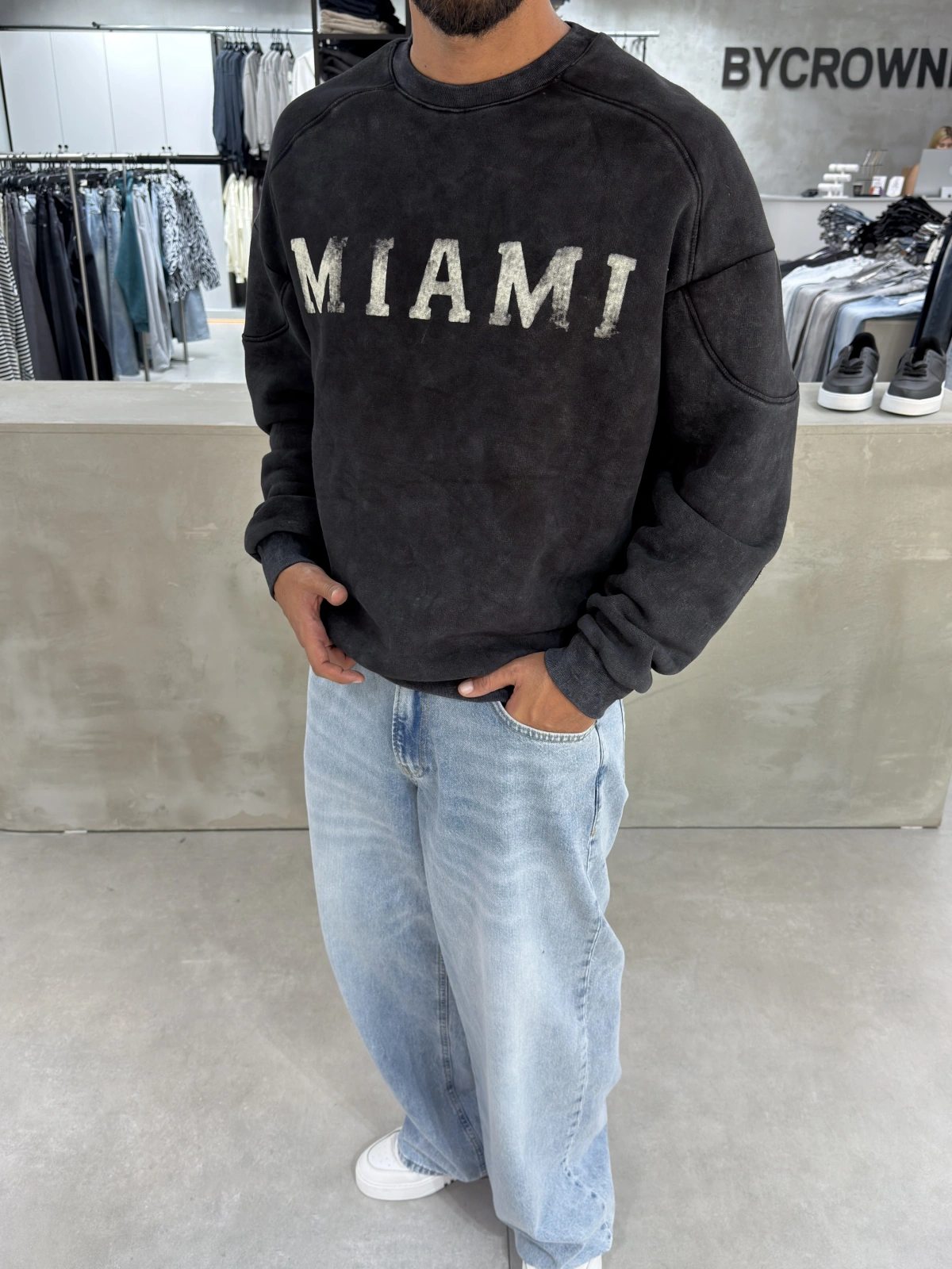 Siyah Miami Yıkamalı Oversize Sweat