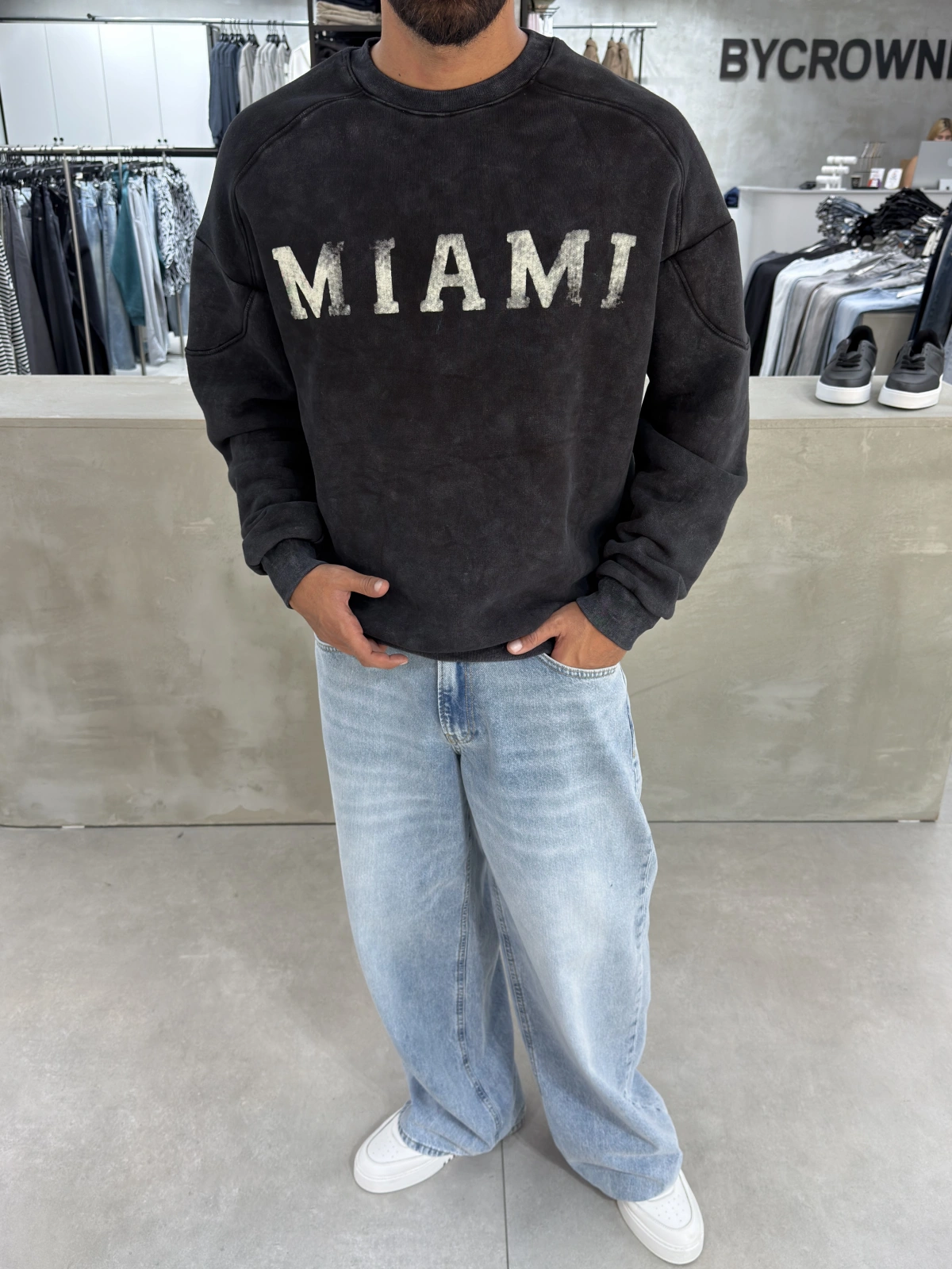 Siyah Miami Yıkamalı Oversize Sweat