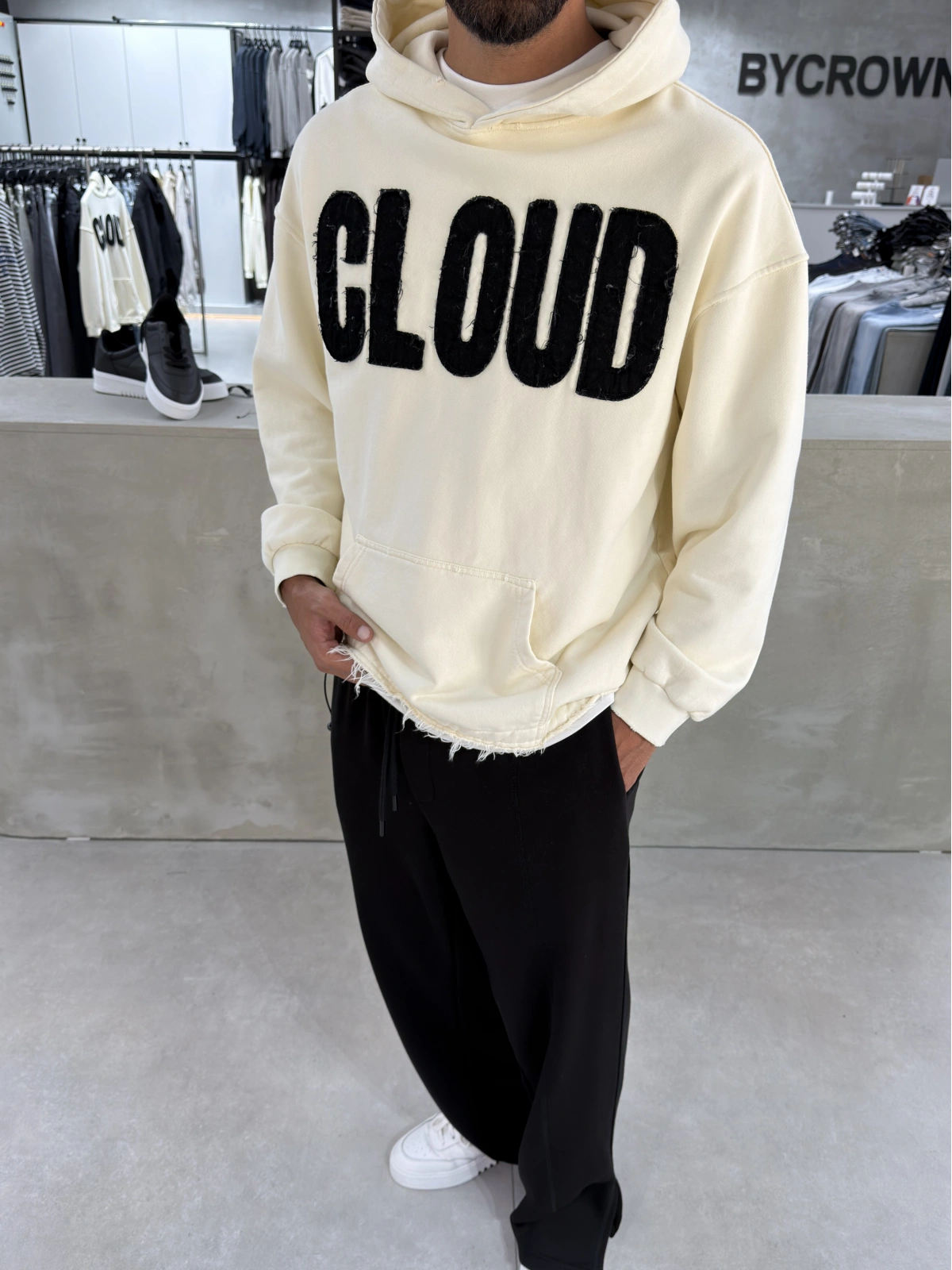Krem Cloud Baskılı Oversize Sweat