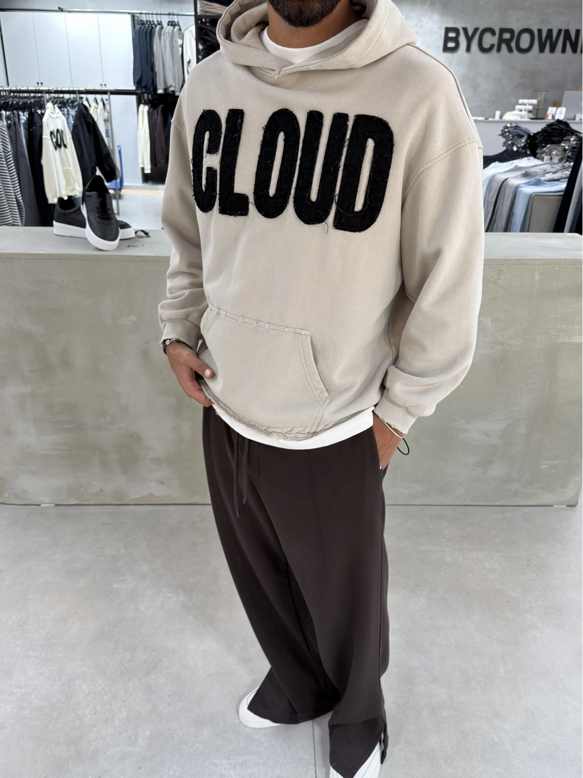 Sütlü Kahve Cloud Baskılı Oversize Sweat