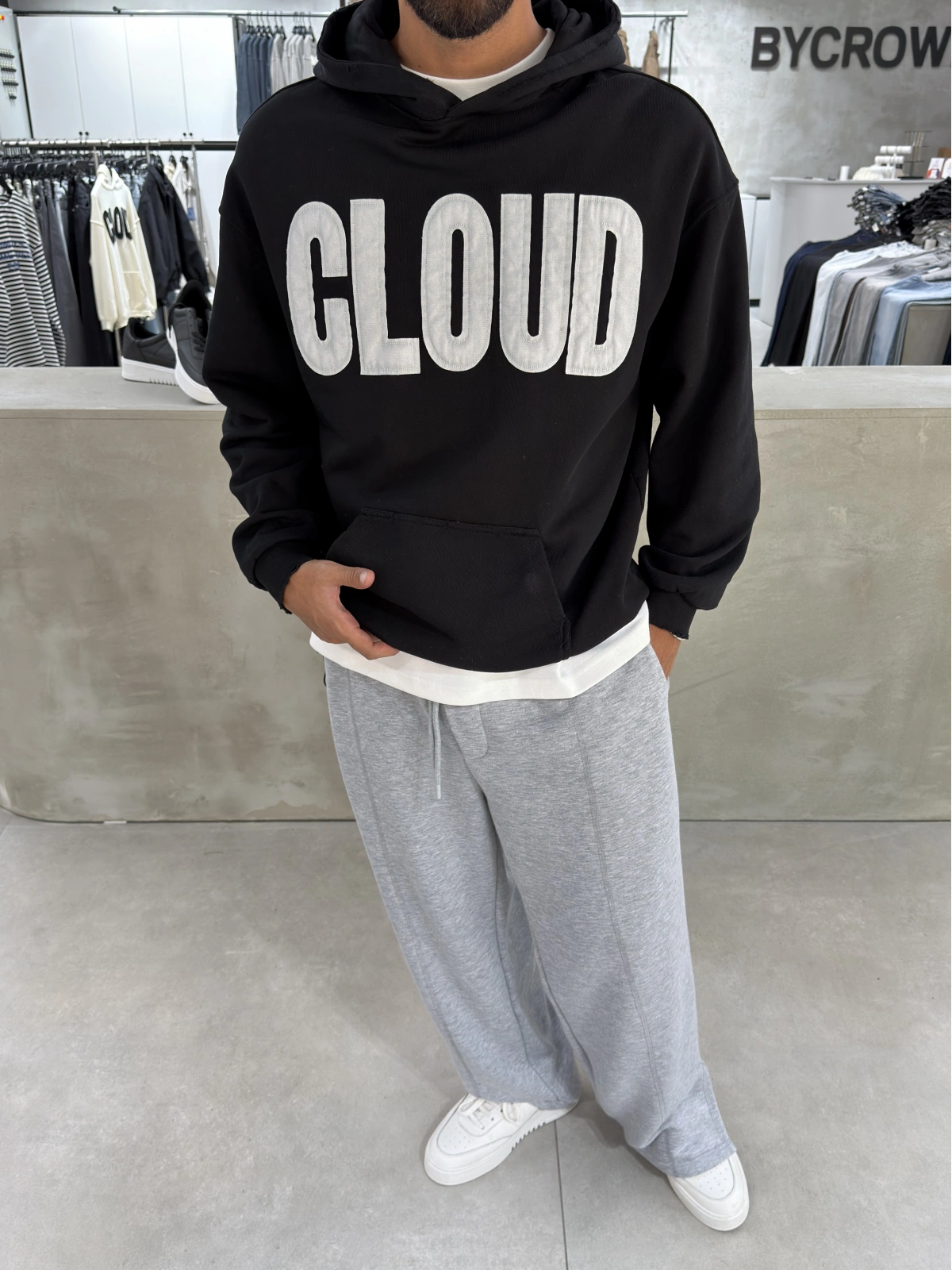 Siyah Cloud Baskılı Oversize Sweat