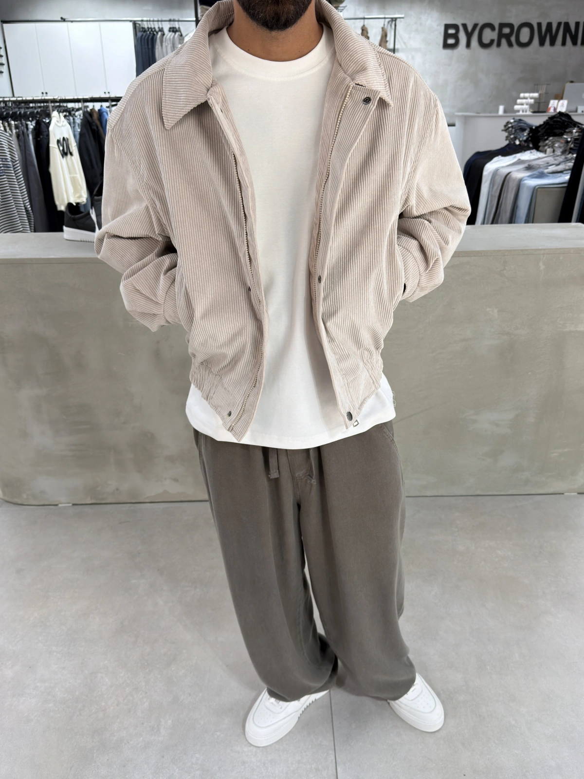 Krem Kadife Oversize Bomber Ceket