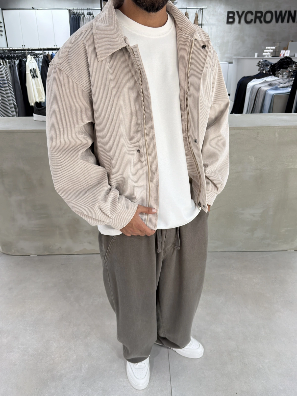 Krem Kadife Oversize Bomber Ceket