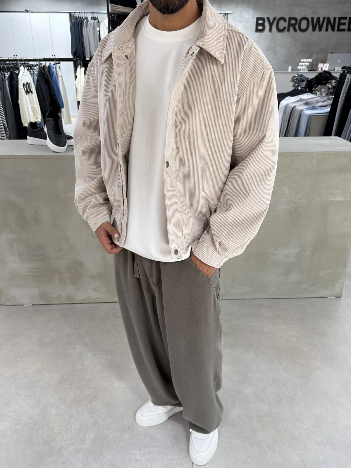 Krem Kadife Oversize Bomber Ceket