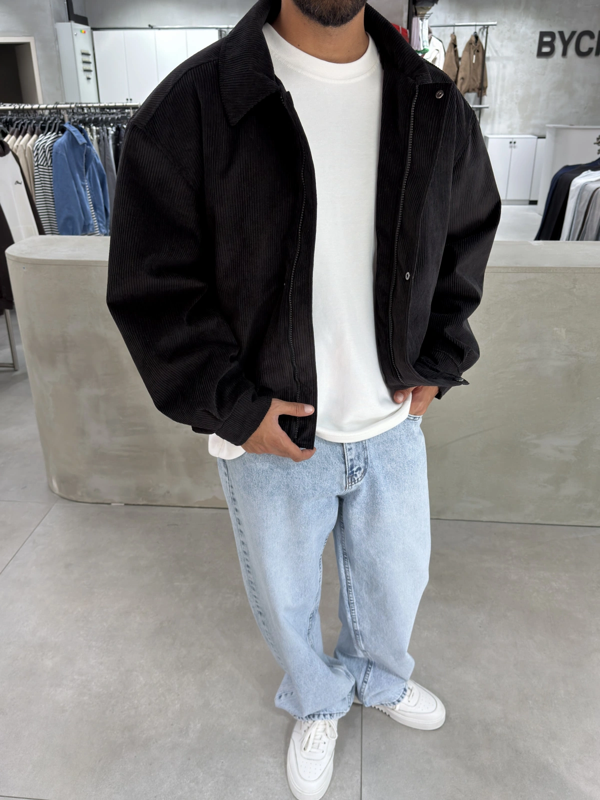 Siyah Kadife Oversize Bomber Ceket